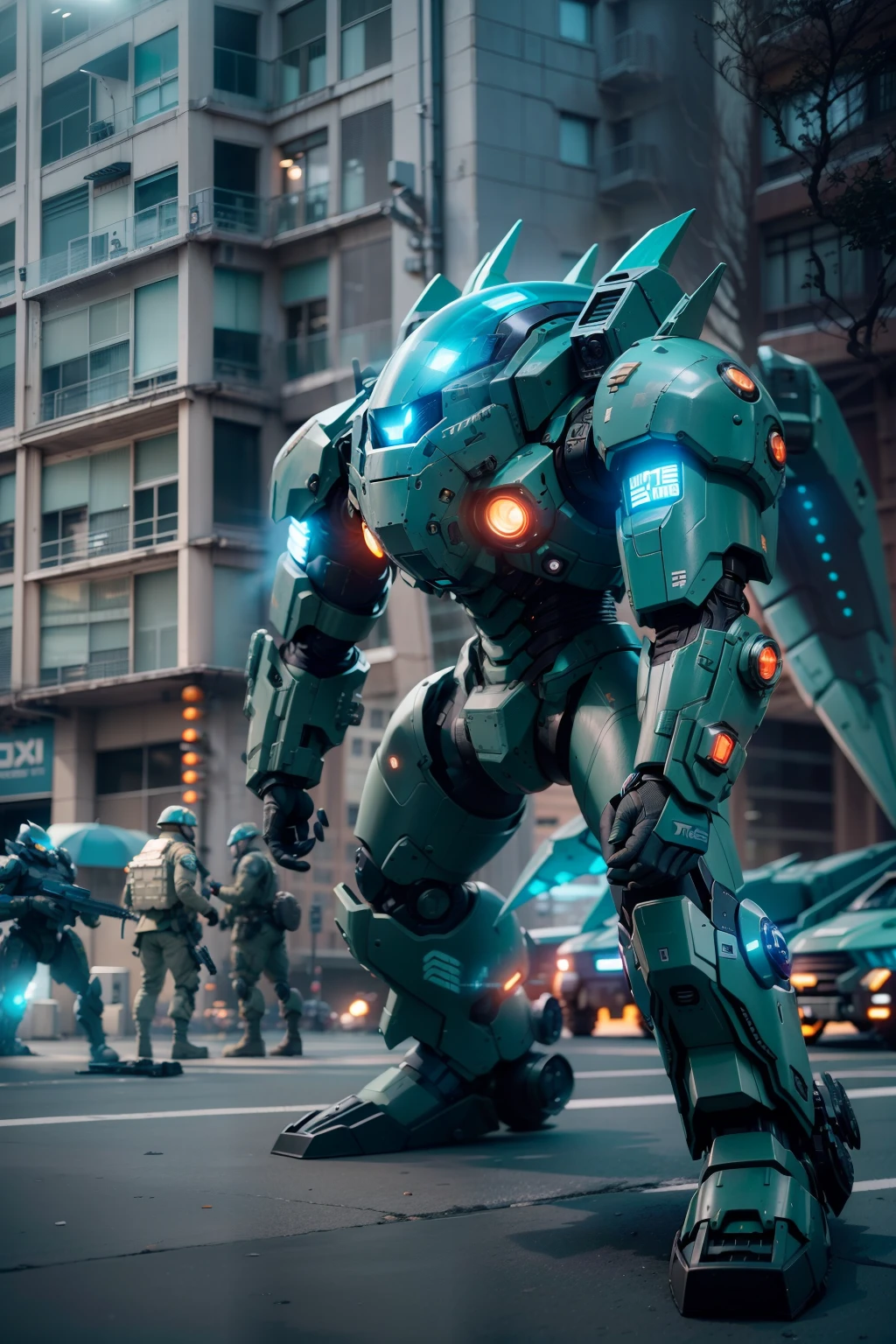 Pacific Rim, Kaiju Invasion Alert, Global Defense Forces Mobilized, Tecnologia futurista, cor cyan, desgastado pela batalha, Estilo fotorrealista, capturado com uma Fujifilm X-T20 e uma lente de 35mm, bright emergency lights, ambiente da base militar.