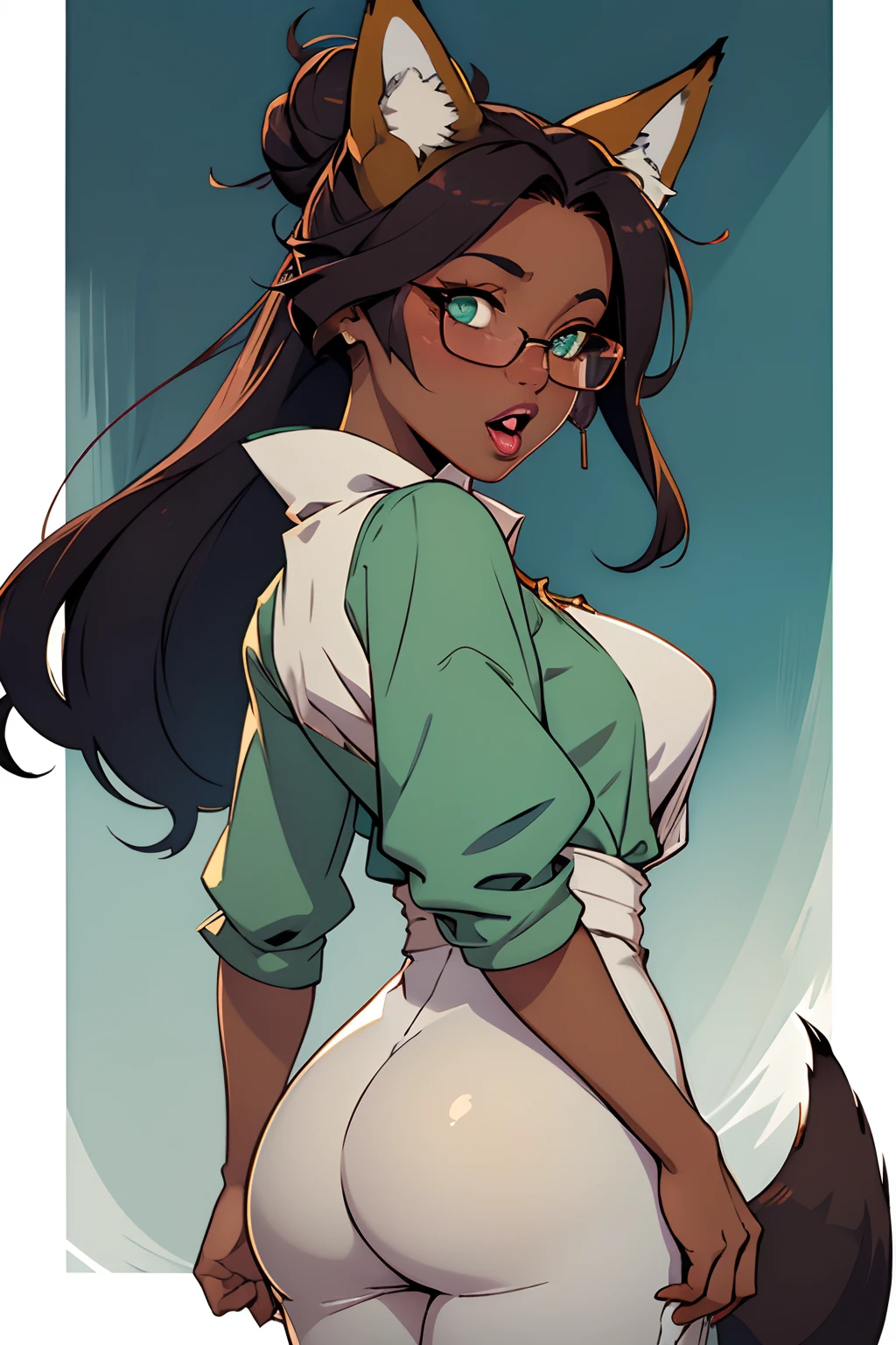 Solo, female, 1girl, ((fox ears)), fox tail, tail raised, tight butt, plump butt, shocked expression, surprised, looking at viewer, (dark skin, lipstick, lip gloss, updo, hair bun), green eyes, short blue cloak, white linen blouse, fantasy village, open mouth, wide eyes, glasses