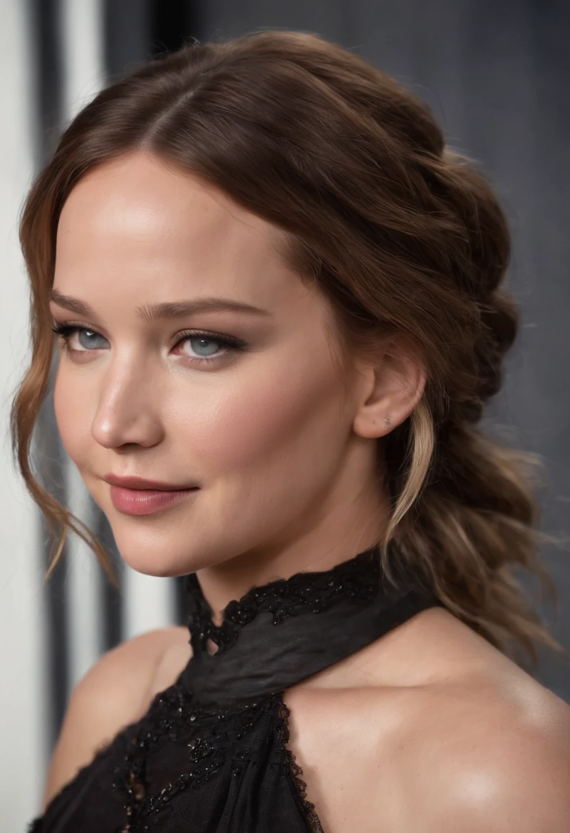 Close up portrait photo of Jennifer Lawrence, smiling , wearing black deep corset