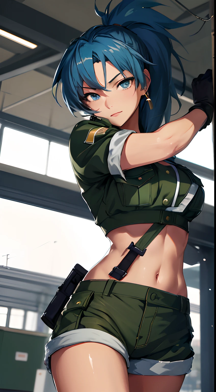 masterpiece,, best quality, highres, 1girl, leona heidern, blue hair, blue eyes, ponytail, green shorts, midriff, crop top, black gloves, breasts, military uniform, green jacket, earrings, jewelry, navel, large breasts, cowboy shot,