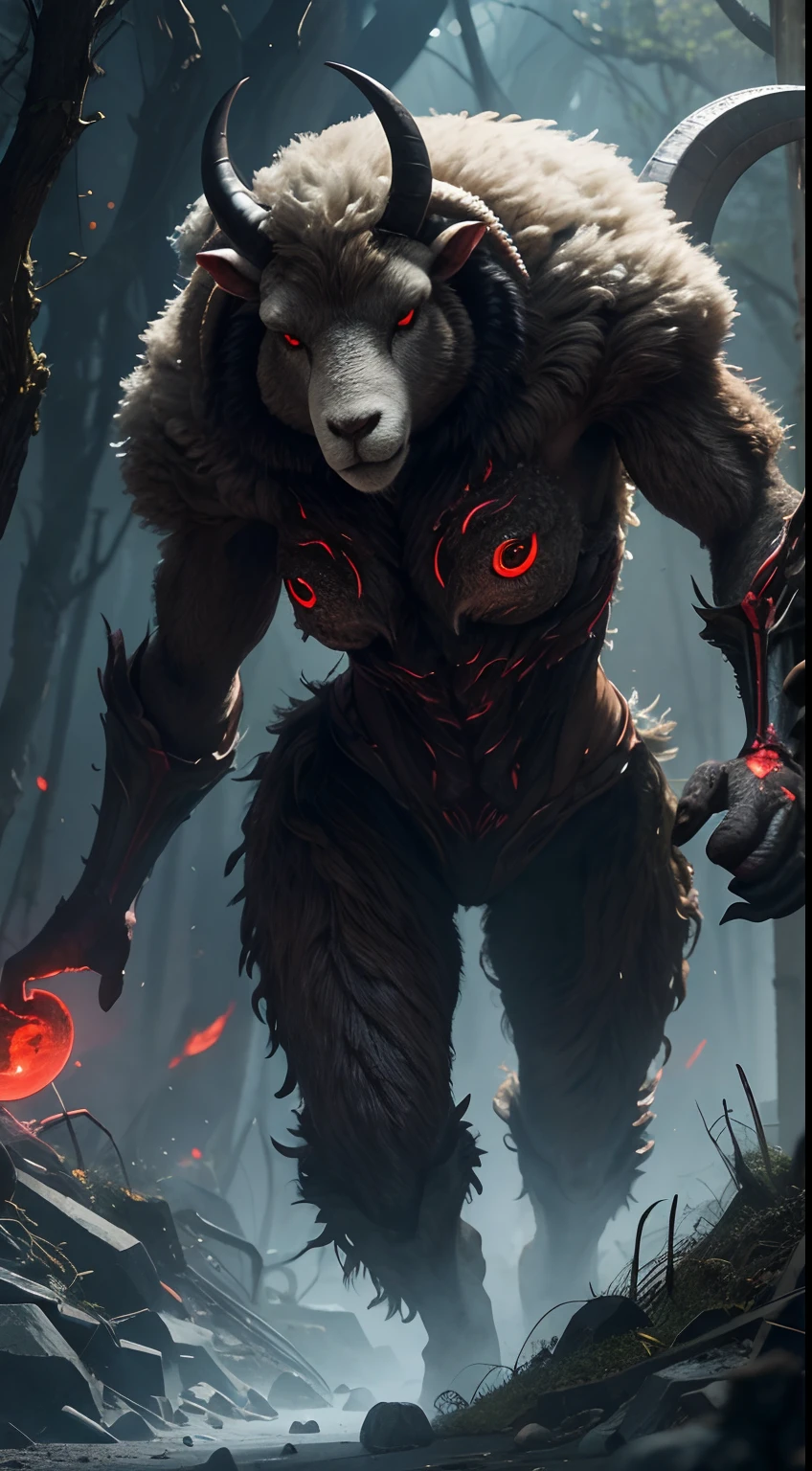 Earth creatures pounce, Sheep Woman, Full body,Animal anthropomorphism, red eyes、cruel、Realistic Digital, Humanoid、Convoluted, epicd, Dramatic, masutepiece, high detailing, Best Quality, 超A high resolution、Horror movie lighting