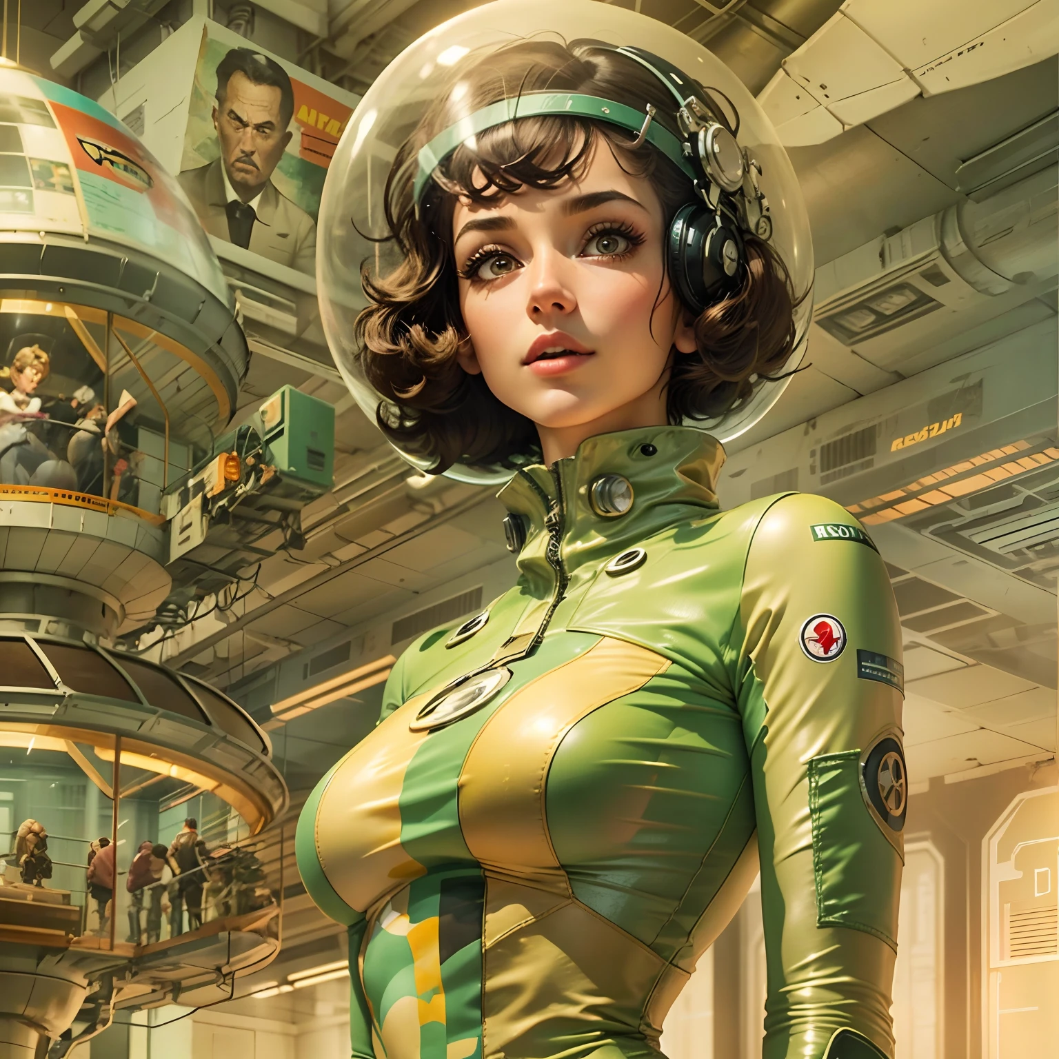 Arafed Mujer (((desnuda))) with lots of robots in the background, Artgerm y Gil Elvgren, Apocalyptic Future, Tendencias en Artforum, Explosiones nucleares pintan cielo, Evil princess of the wasteland, screenshot from a movie, Heavy metal comic book cover, por Anthony Palumbo, Brass armor