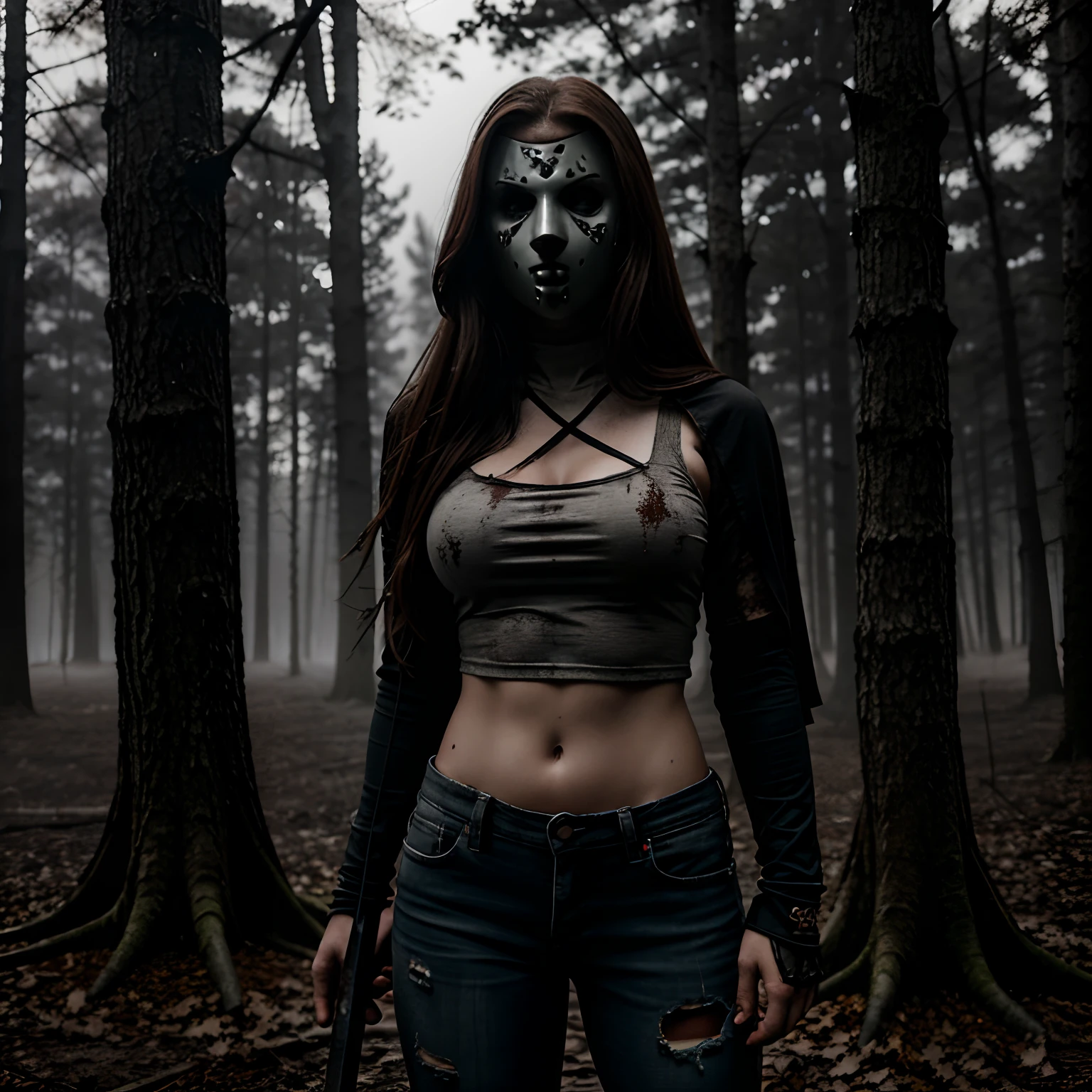 Generate a striking photograph of Autumn in her mid-20s, standing at approximately 5'4". She embodies a female version of Jason Voorhees from the Friday the 13th franchise. Her long, wavy chestnut hair cascades eerily over her shoulders, and her athletic hourglass figure, including her full bust, is cloaked in a sinister yet alluring manner. Her complexion is pallid, creating an eerie contrast with her dark attire.Cloaked in a gender-bent, menacing interpretation of Jason Voorhees' iconic attire, Autumn wears a tattered and blood-spattered hockey mask that conceals the upper part of her face. Her clothing consists of a weathered, blood-stained hockey jersey with the number 13, paired with distressed, dirt-covered jeans and heavy, mud-caked boots.The photoshoot takes place in a creepy, moonlit forest by the shores of Crystal Lake. The atmosphere is shrouded in fog, and the dim moonlight casts eerie shadows through the trees, creating a chilling ambiance.Autumn strikes poses that convey both malevolent power and eerie allure. She might menacingly wield a bloodied machete or axe, poised to strike, while her expressive brown eyes gleam malevolently through the eyeholes of the hockey mask. Her stance exudes a sinister confidence that captures the essence of Jason Voorhees.Intense look and makeup, asymmetrical mask design, photorealistic, moonlit lighting, ominous fog, reflective machete/axe blade, visible gore and bloodstains, chilling shadows, intricate, elaborate, hyper-realistic.