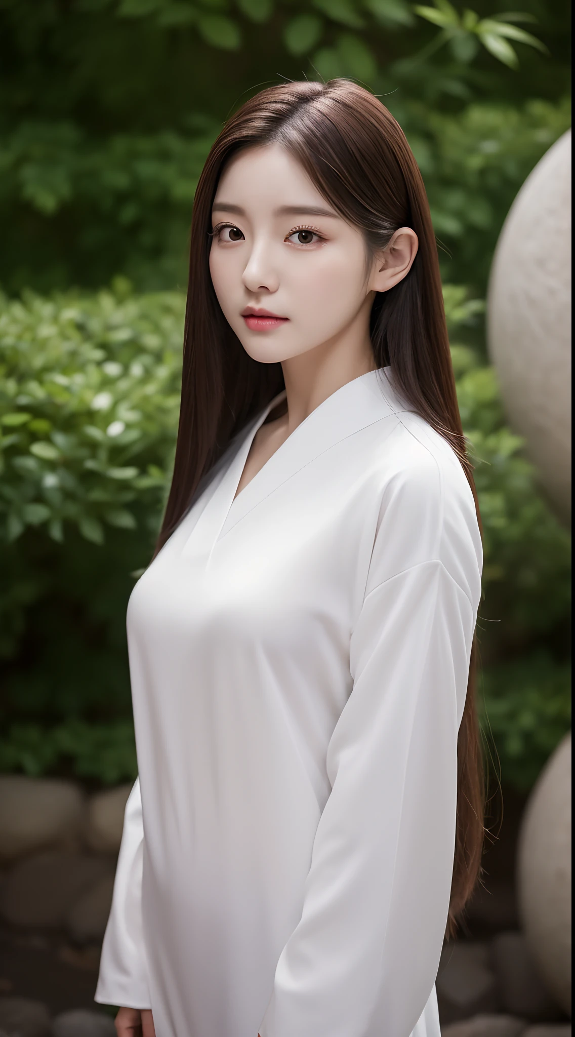 realistic photos of 1 cute Korean star, straight hair, white skin, thin makeup, 32 inch breasts size, wearing long sleeves shirt, pants, standing at Zen garden, night, close-up portrait, UHD