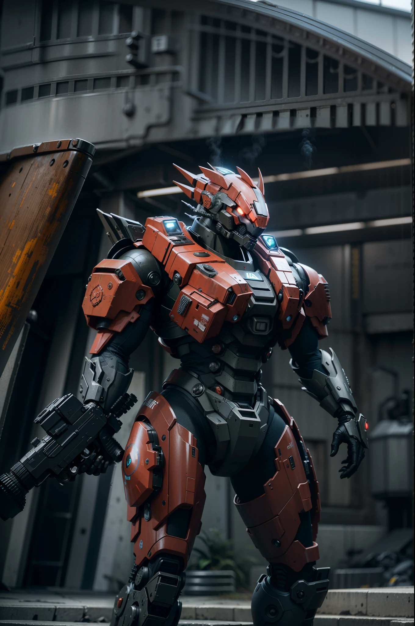 Pacific Rim, Kaiju Invasion Alert, Global Defense Forces Mobilized, Tecnologia futurista, Estilo fotorrealista, capturado com uma Fujifilm X-T20 e uma lente de 35mm, bright emergency lights, ambiente da base militar. armadura negra com luzes vermelhas,
