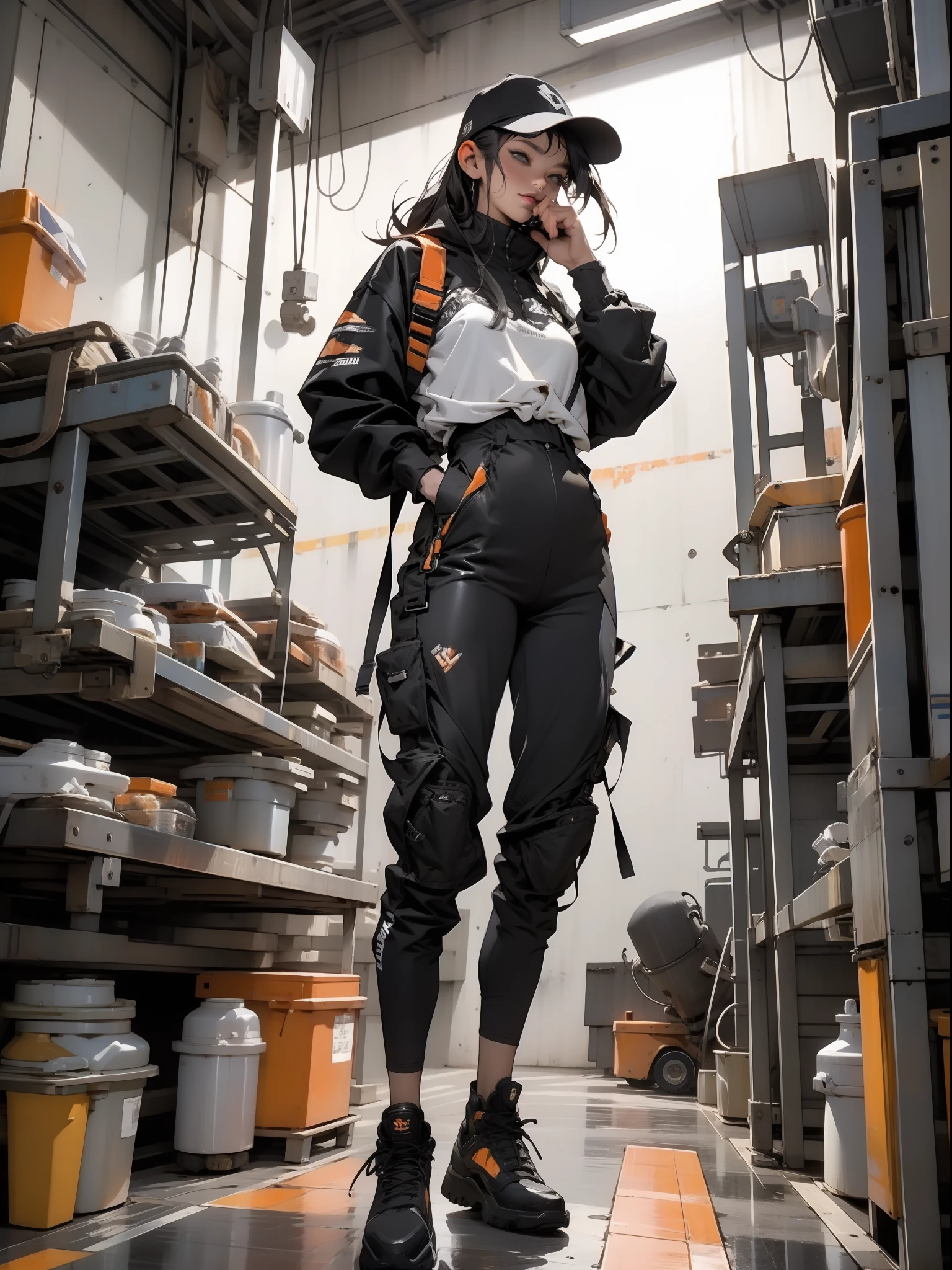 ((full body)), Nijistyle, A muscular 35-year-old woman working hard in a nearly naked steel industry in Simon Bisley style, She wears a cap and is working hard operating machines in the production of parts for robots, suada, pele molhada de suor, suja, cansada jaqueta laranja com tipografias, ((( cr de laranja ))), corpo perfeito, seios grandes com decote, ((( cabelo curto ))), ((( rosto adulto ))), ( Darryl Hanna ), Minimum clothing, Tiny floss, Nijistyle, jantar adulto, cena sensual, extremamente sexy