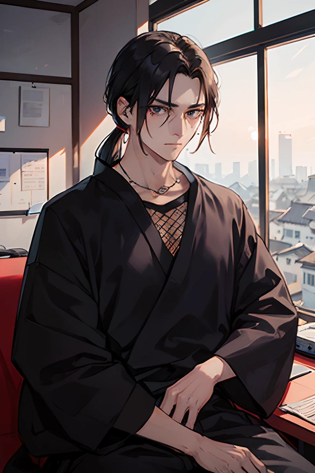 A man, black hair tied in a ponytail, black eyes, wearing a police uniform from a feudal Japan, looking down on a village from an office.