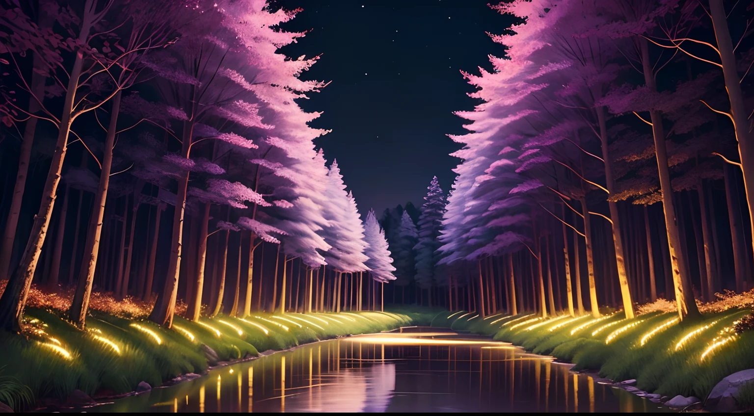 forest at night、夏天、a river