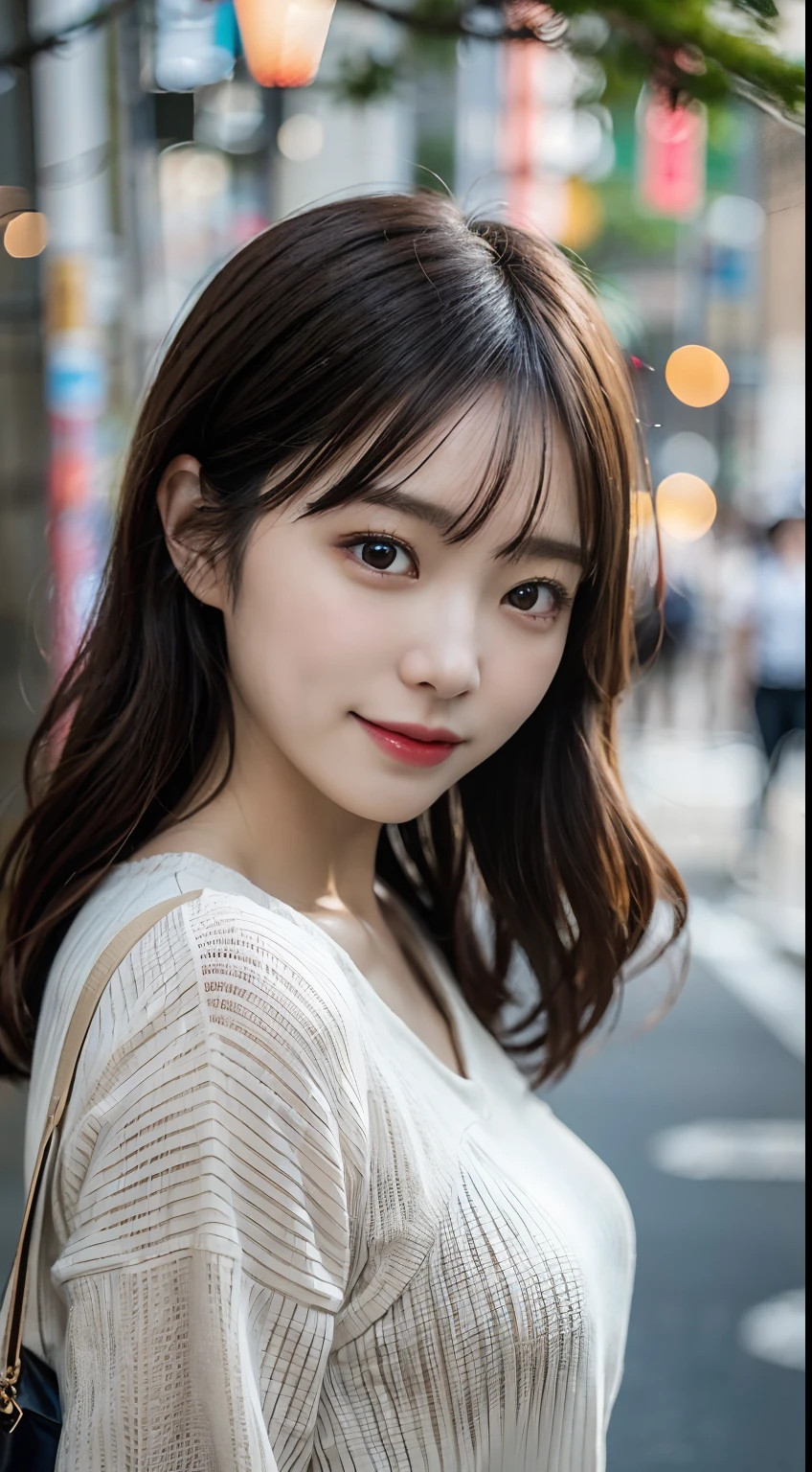 (Japanese), (Cute), (Woman), (Adult head), (dressed casually), (good body), (Best proportions), sideways glance, Park, Sakura, tokyo prefecture, Japan, social media composition, Realistic, Black hair, Parted bangs, Smile, blush, Wide Shot, F/2.8, 35 mm, Sony FE, Bokeh, ultra wide-angle, Ray tracing, Cinematic lighting, 8K, Best Quality, Super Detail, Textured skin, masutepiece