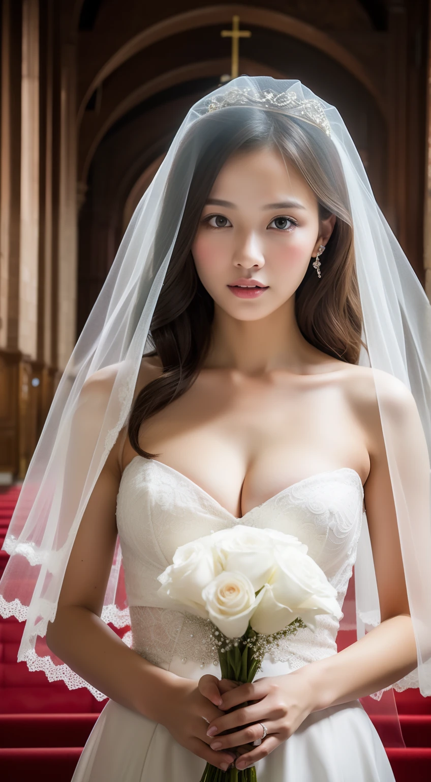 (Best Quality, masutepiece:1.2), (Realistic:1.3), (hyper detailed background, Detailed background), Bokeh, ((medium breasts:1.3)), ((Tense cleavage)),(Long Train Wedding Dresses:1.3),Bridal tiara, Show, Bridal Veil, bridal gauntlets, Bridal Cascade Bouquet, Upper body, Wedding in the church, The skirt spreads round and wide, 1girl in, 20s, Cute,Smiling, Dynamic Angle