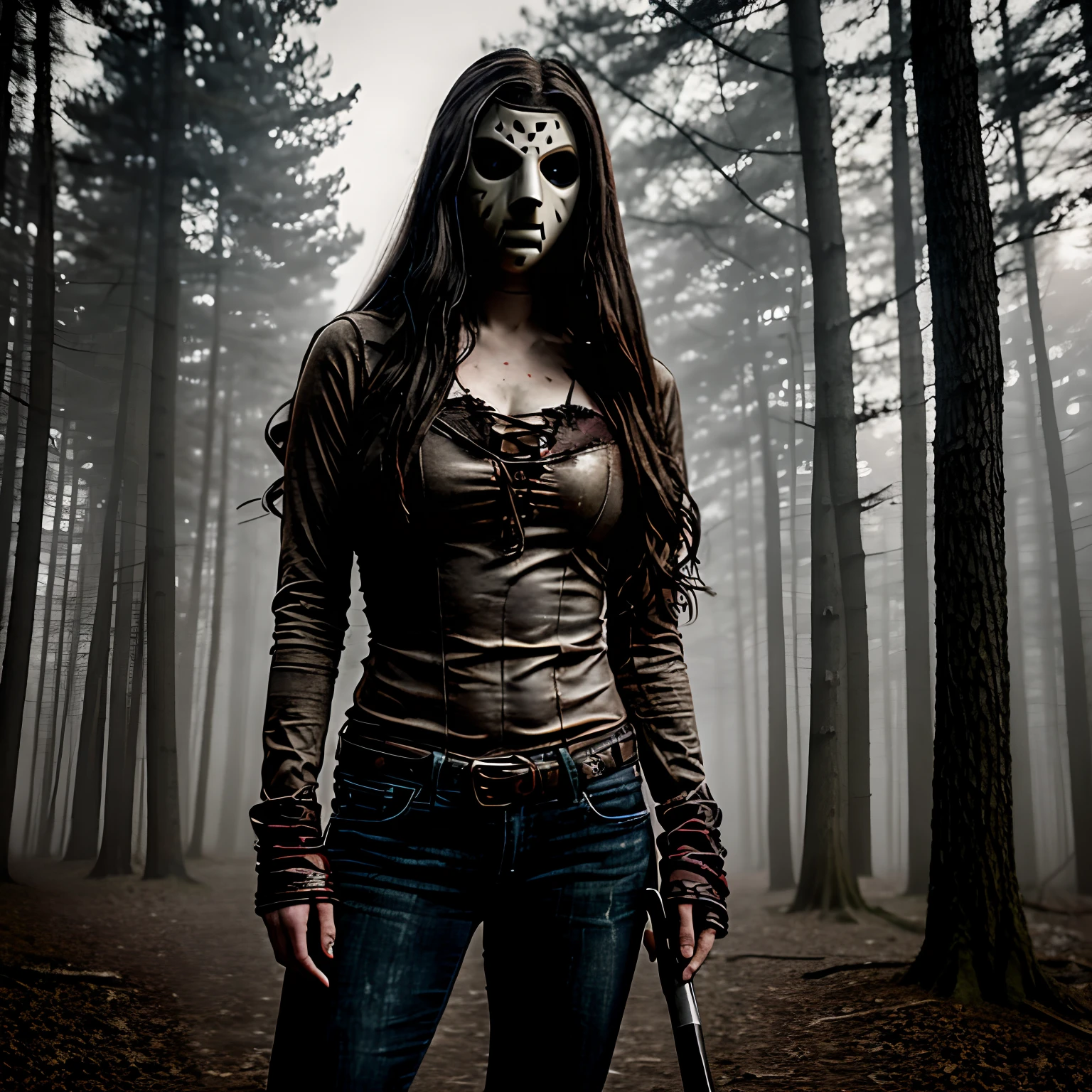 Generate a striking photograph of Autumn in her mid-20s, standing at approximately 5'4". She embodies a female version of Jason Voorhees from the Friday the 13th franchise. Her long, wavy chestnut hair cascades eerily over her shoulders, and her athletic hourglass figure, including her full bust, is cloaked in a sinister yet alluring manner. Her complexion is pallid, creating an eerie contrast with her dark attire.Cloaked in a gender-bent, menacing interpretation of Jason Voorhees' iconic attire, Autumn wears a tattered and blood-spattered hockey mask that conceals the upper part of her face. Her clothing consists of a weathered, blood-stained hockey jersey with the number 13, paired with distressed, dirt-covered jeans and heavy, mud-caked boots.The photoshoot takes place in a creepy, moonlit forest by the shores of Crystal Lake. The atmosphere is shrouded in fog, and the dim moonlight casts eerie shadows through the trees, creating a chilling ambiance.Autumn strikes poses that convey both malevolent power and eerie allure. She might menacingly wield a bloodied machete or axe, poised to strike, while her expressive brown eyes gleam malevolently through the eyeholes of the hockey mask. Her stance exudes a sinister confidence that captures the essence of Jason Voorhees.Intense look and makeup, asymmetrical mask design, photorealistic, moonlit lighting, ominous fog, reflective machete/axe blade, visible gore and bloodstains, chilling shadows, intricate, elaborate, hyper-realistic.