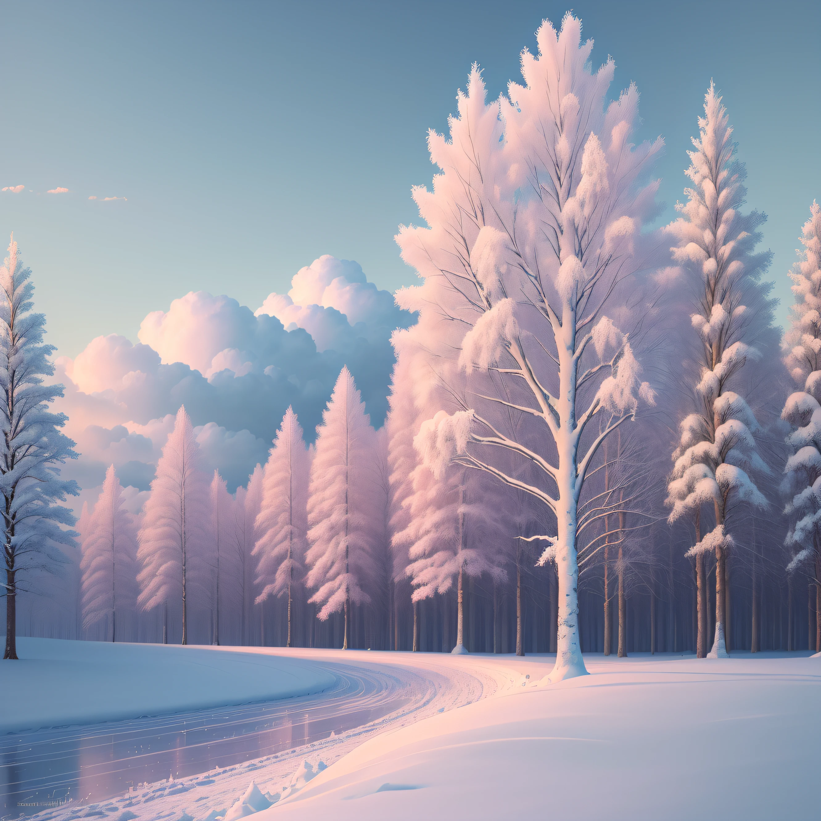 (Best Quality, Masterpiece) Beautiful, Snowy landscapes, warm, pale pink, Another winter tree, Bright color, Bright, blue skies, covered with clouds, The Spirit of Hope, Calm and peaceful landscape.