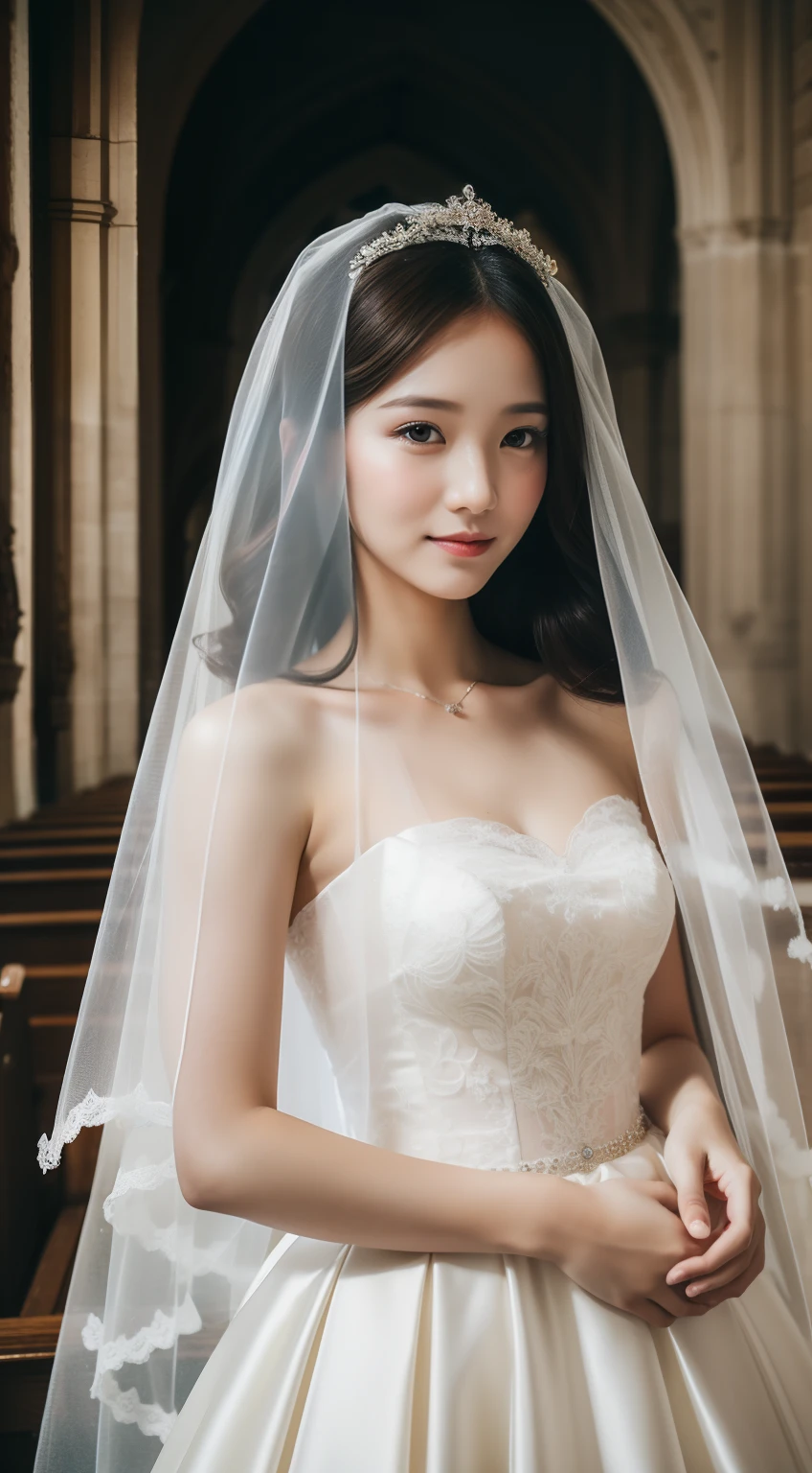 (RAW photo, Best quality), (Realistic, photo-realistic:1.2),High quality, 1girll,standing,,wedding veil,In churches