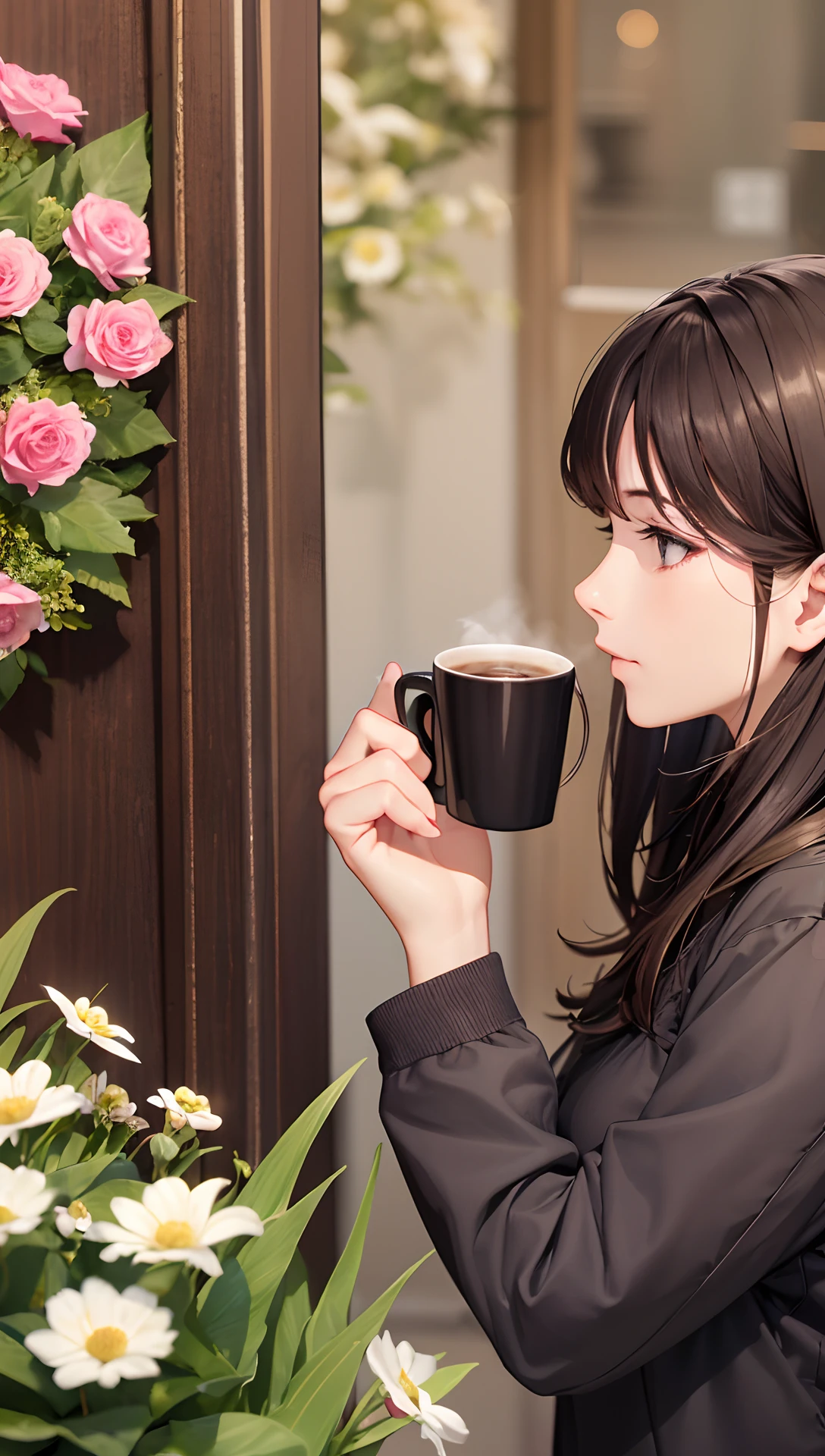 Woman holding coffee and looking at flowers at the door of flower shop,scenic style, --auto --s2
