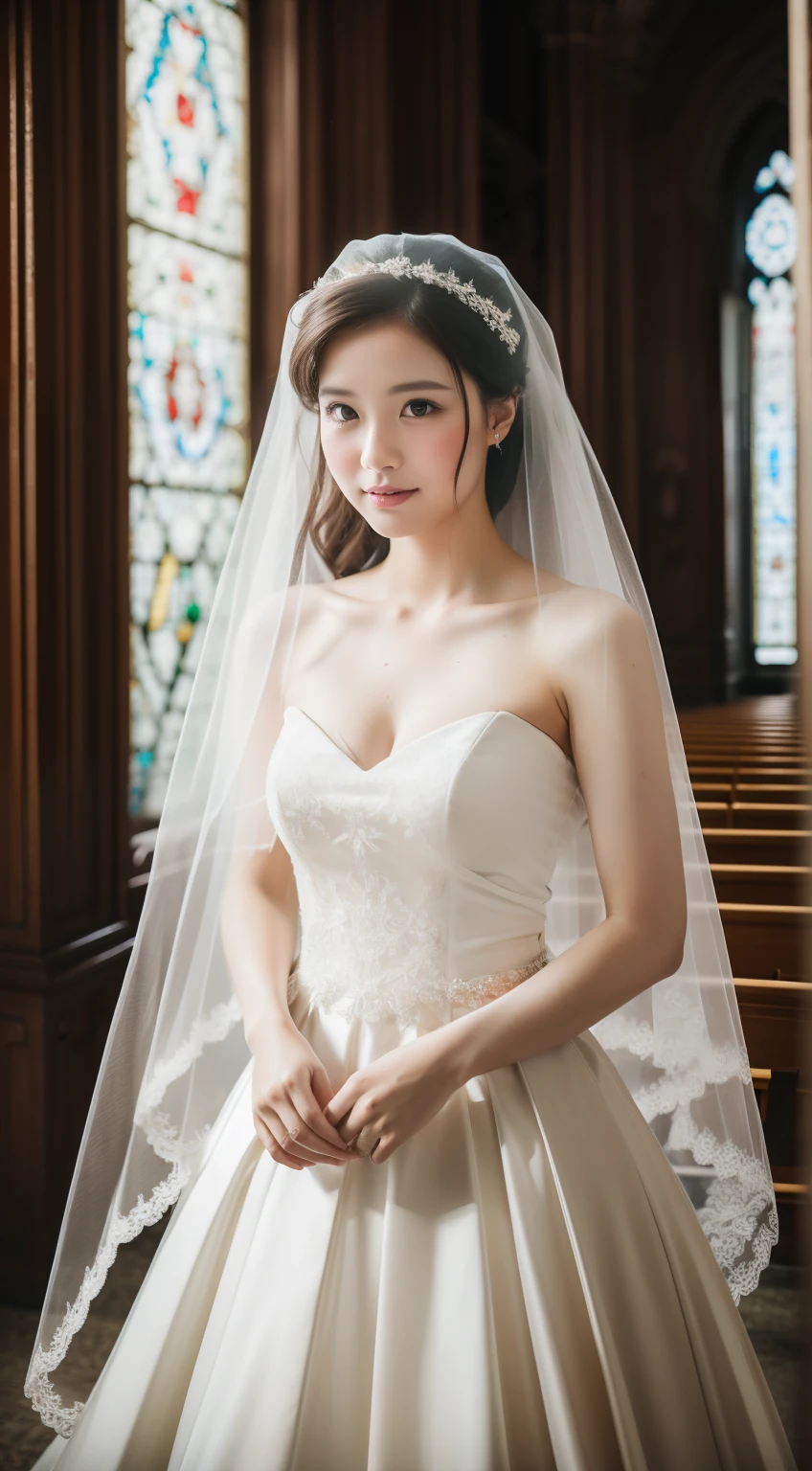 (RAW photo, Best quality), (Realistic, photo-realistic:1.2),High quality,  1girll，standing，,wedding veil，In churches