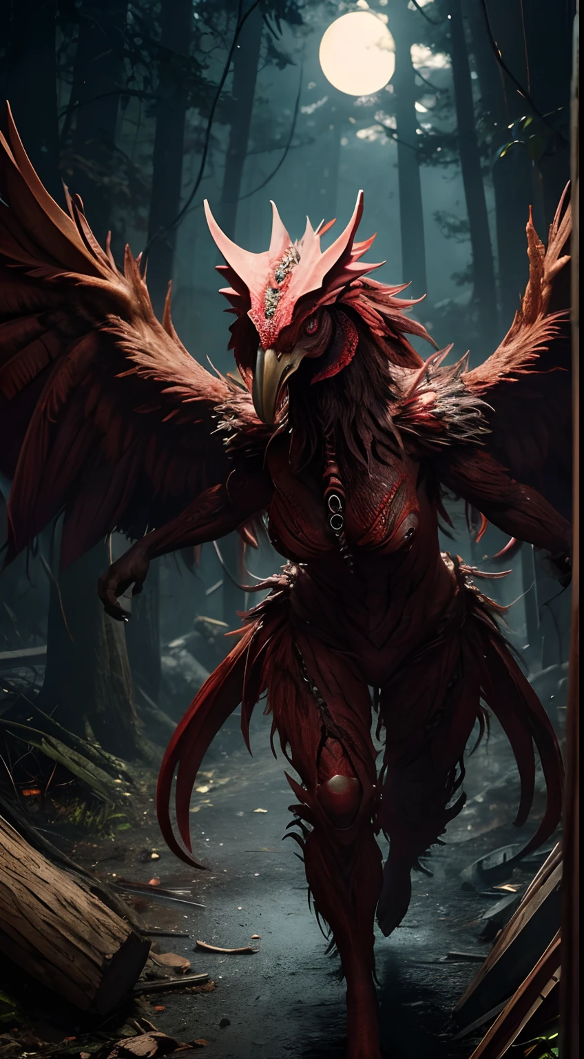 Earth creatures pounce, Chicken Woman, Full body,Animal anthropomorphism, red eyes、cruel、Realistic Digital, Humanoid、Convoluted, epicd, Dramatic, masutepiece, high detailing, Best Quality, 超A high resolution、Horror movie lighting
