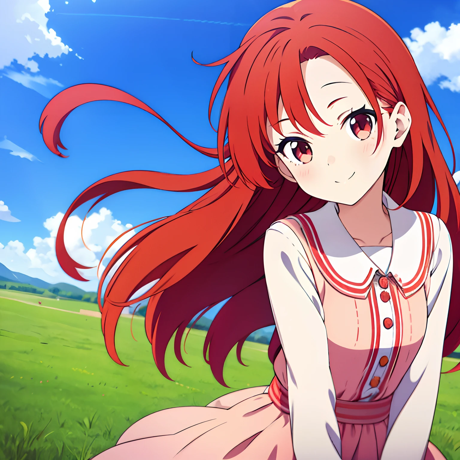 Cute girl with red hair,Hair fluttering slightly,ssmile
