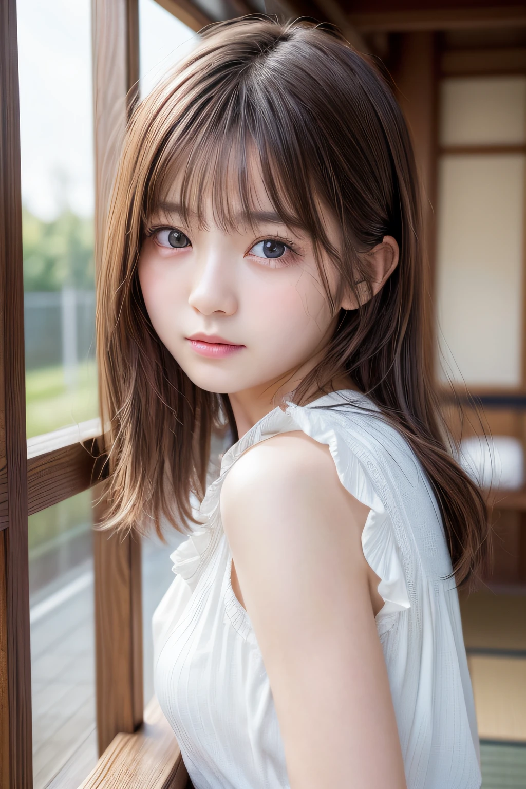 Ultra High Resolution, (Realistic: 1.4), RAW Photo, Best Quality, (Photorealistic), Focus, Soft Light, (()), ((Japanese)), (Front, Young Face))), (Depth of Field), (One Piece), Masterpiece, (Photoreal), Woman, Bangs, (( off-the-shoulder top, Bedroom, 1 Girl))