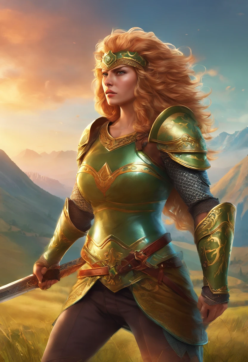 a beautiful well-dressed young medieval warrior woman in an attack position. She is wearing armor that covers her entire body, wearing a helmet that covers her head, wielding a sword, using a shield. On the shield it has the design of a lion's face engraved in relief. In the background are blurry green mountains. Full body view.