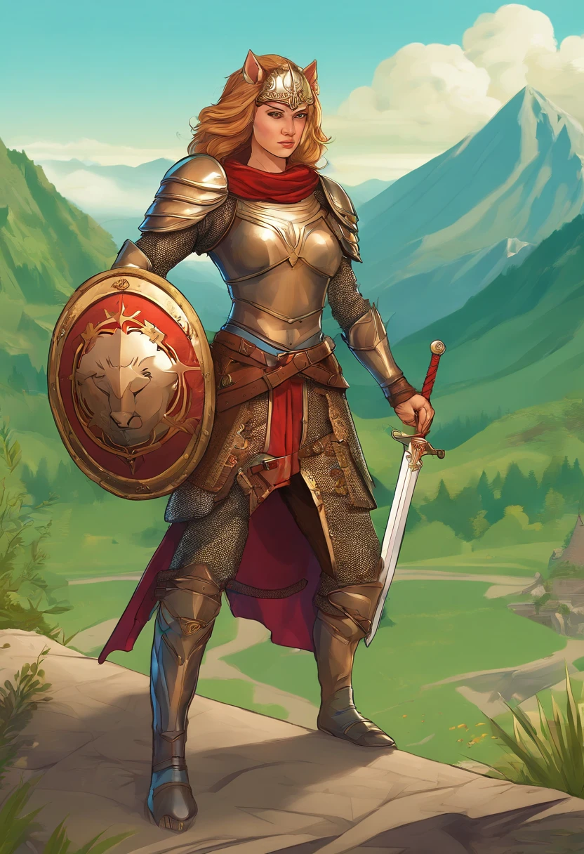 a beautiful well-dressed young medieval warrior woman in an attack position. She is wearing armor that covers her entire body, wearing a helmet that covers her head, wielding a sword, using a shield. On the shield it has the design of a lion's face engraved in relief. In the background are blurry green mountains. Full body view.
