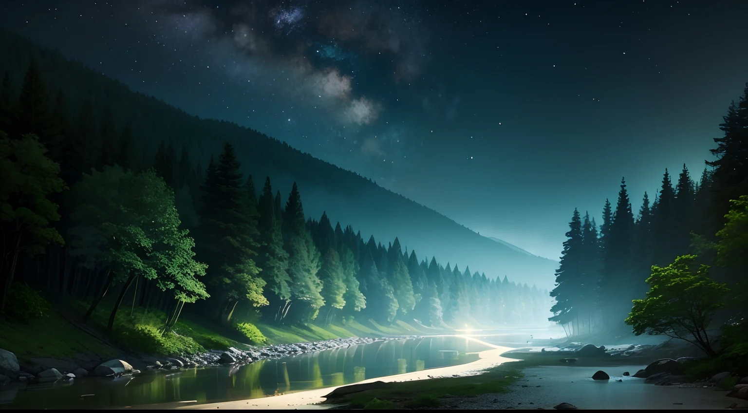 forest at night、夏天、a river、stele