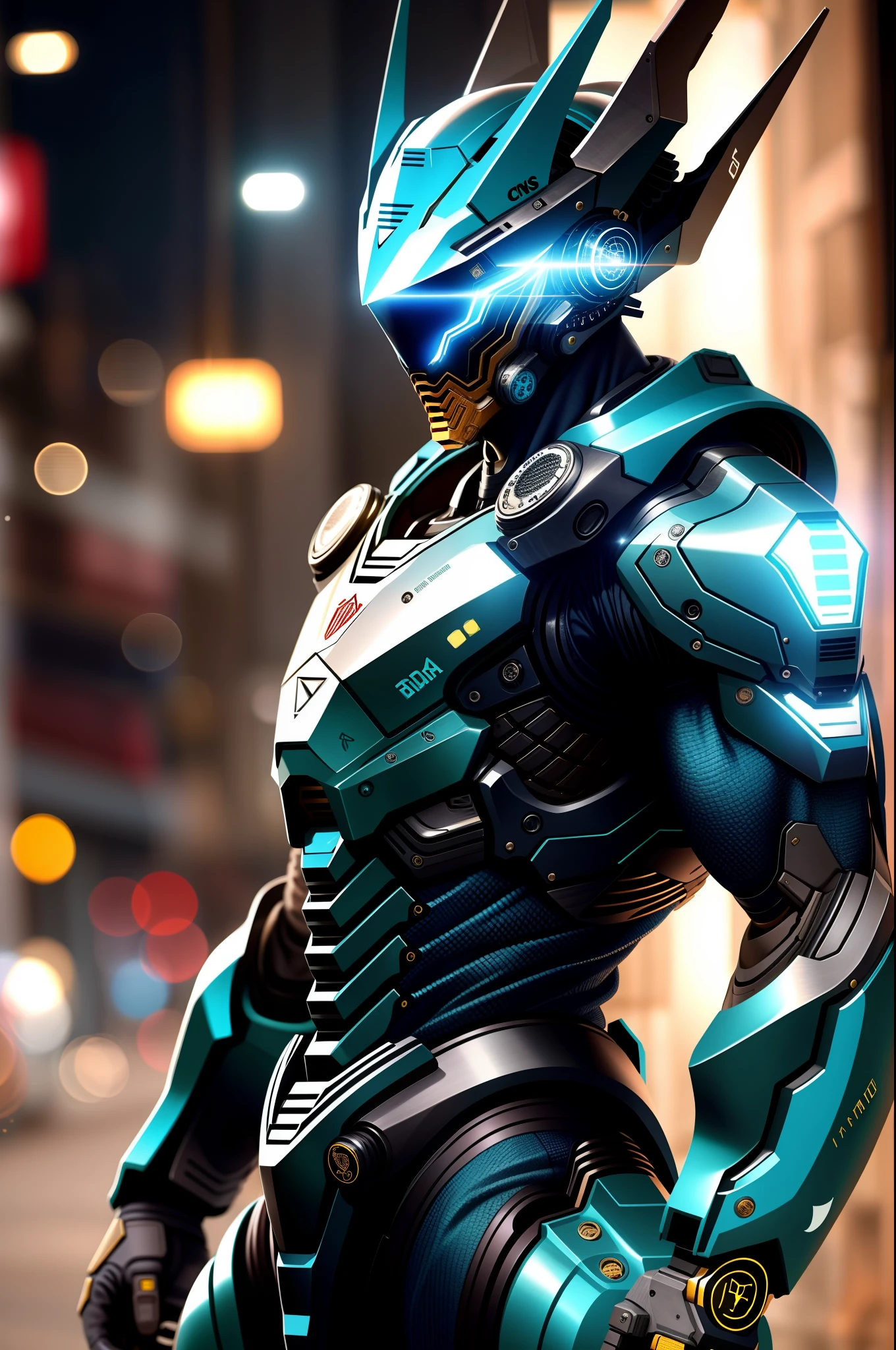 Foto de retrato de um macho alfa, olhos perfeitos, em um traje mecha desgastado, ((bokeh claro)), intrincado, (steel metal [ferrugem]), elegante, foco nítido, foto de greg rutkowski, soft-lighting, cores vibrantes, obra-prima , ((ruas)), tiro de cowboy, dinamic pose, armadura azul cyan desgastado pela batalha, Black Technological Cyberpunk Vidor