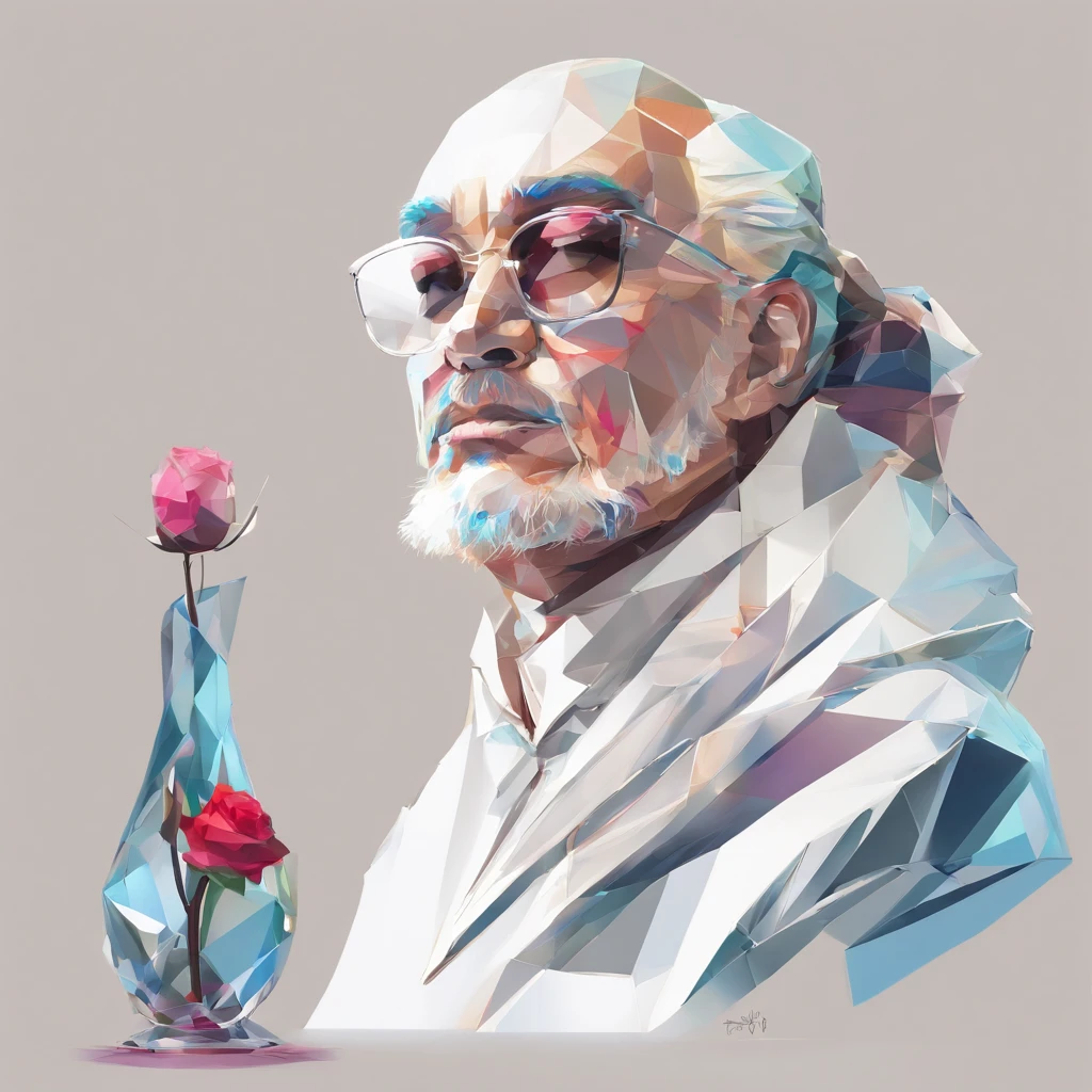 Perfect alignment, Sand monk in jacket，Crystal Vase，Rose flower, Wearing sunglasses, cheerfulness, Standing position, Abstract beauty, Centered, Looking at the camera, Facing the camera, Approaching perfection, Dynamic, Highly detailed, Smooth, Sharp Focus, 8K, hight resolution, Illustration, art by carne griffiths and wadim kashin, White background