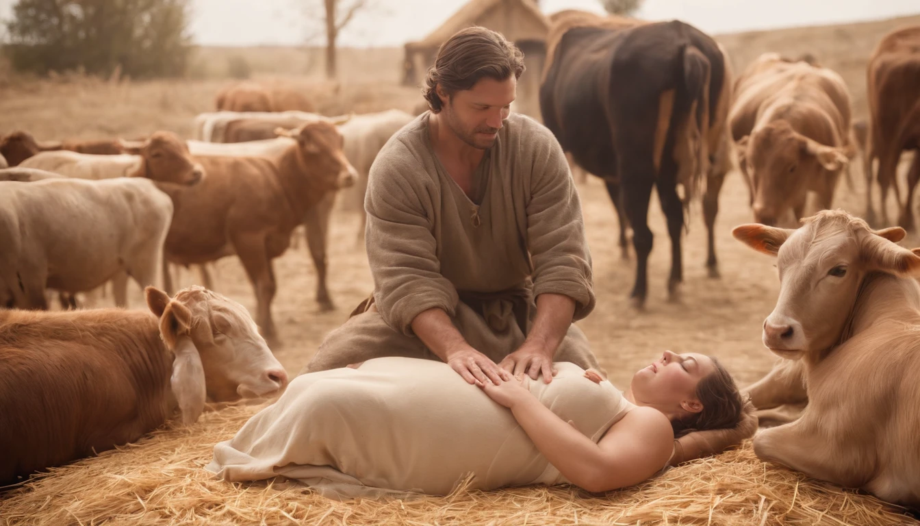 Joseph kneeling helping pregnant Mary laying on dried straws in a manger surrounded by cattles