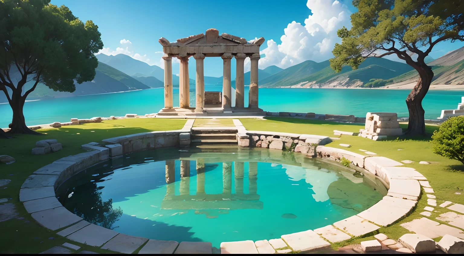 Greek temple landscape in ruins, Pond with turquoise water in the background, master part, stoic