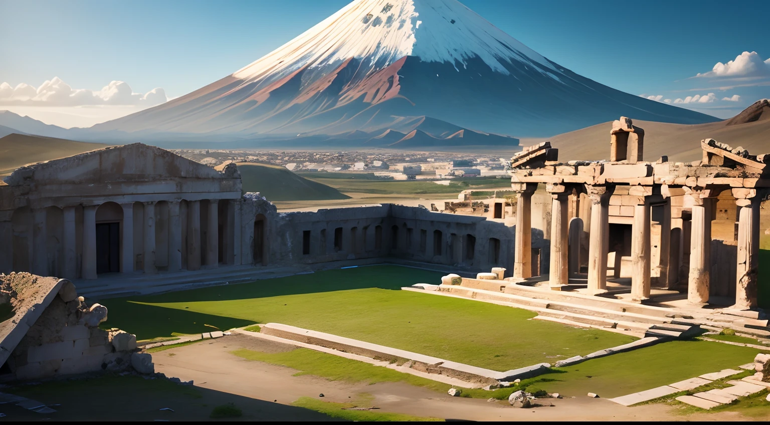 Greek temple landscape in ruins, volcano in the background, master part, stoic