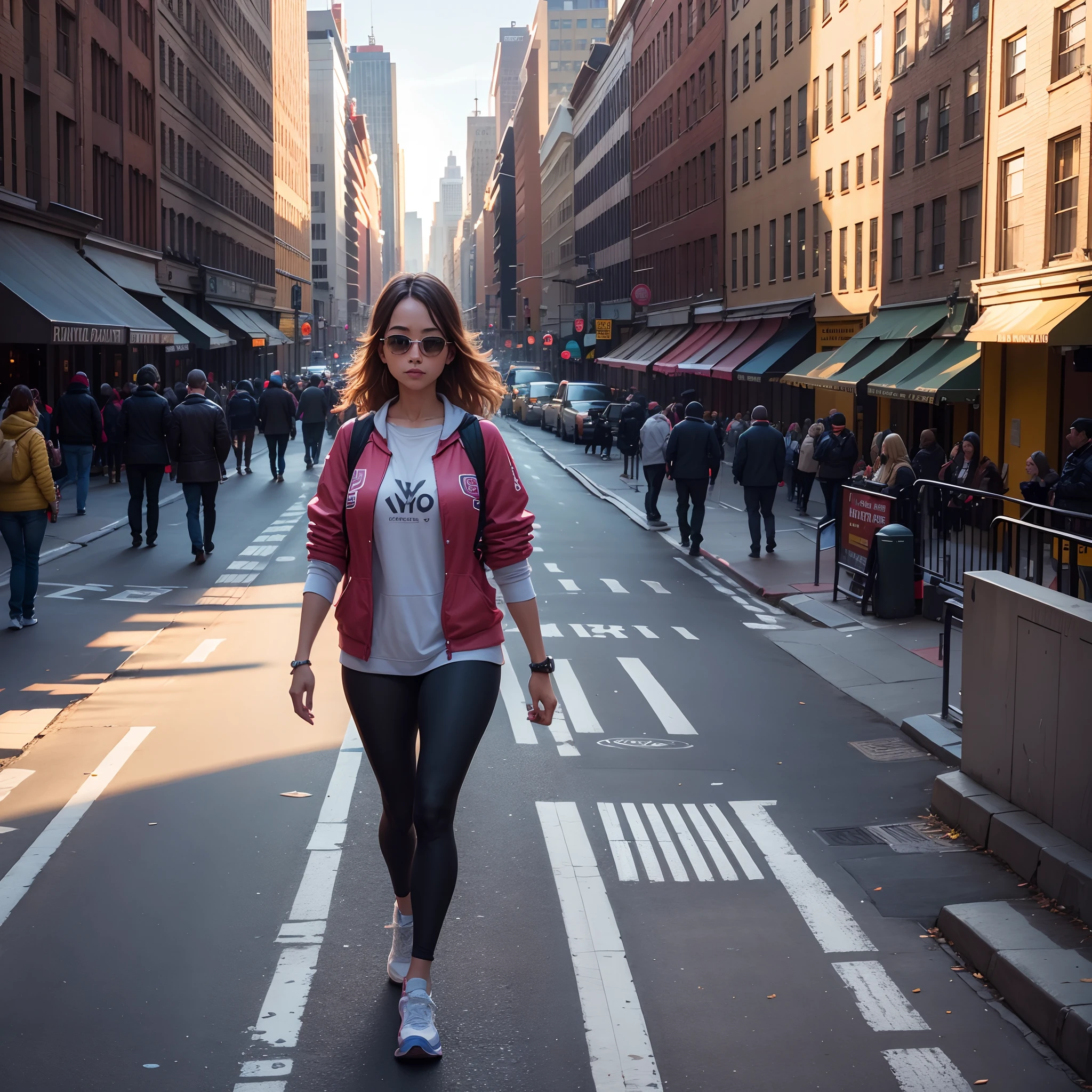 Newyork street ,morning sun , walking public , 8k ,micro detail