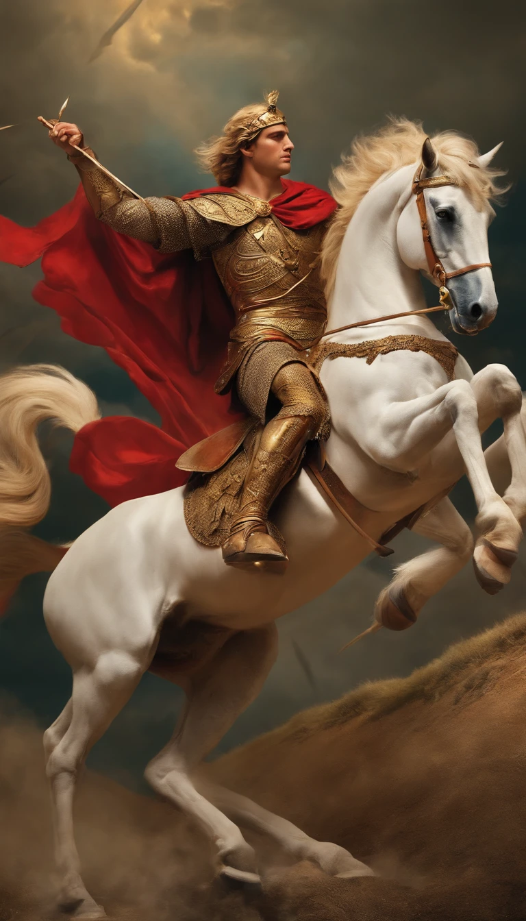 Alexander the great riding a horse getting pierced with arrows