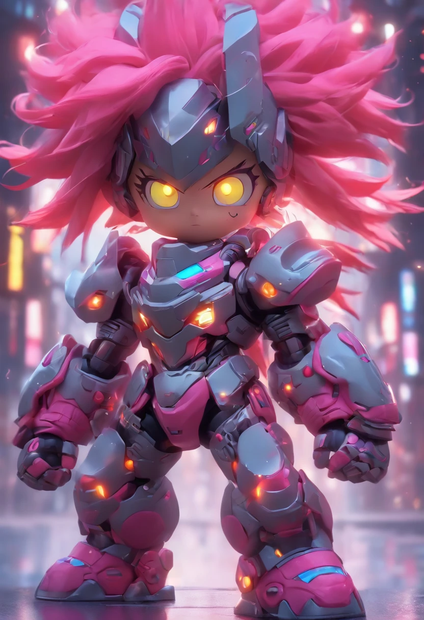 3 d toy, Punk style, A is prepared in mechanical armor, 3 years old,wo rocket launchers on his hands, The structure of his armor is complex, Armor fat, Bright pink hair, He wears a helmet on his head, There is glass on the helmet, There are armor with electrical conduits and letters, Lovely, The best quality, Model blind box, Pop Mart design, Whole body, A bright color, Street style, A lot of details., Metal texture, Light gray background, 8k HD, OC rederer, 3D, C4D, blender, High detail