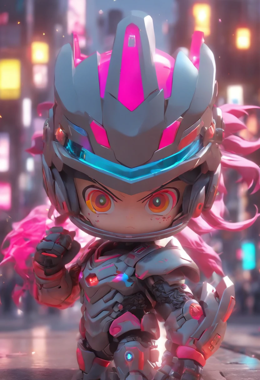 3 d toy, Punk style, A little boy is prepared in mechanical armor, 3 years old, He had two rocket launchers on his hands, The structure of his armor is complex, Armor fat, Bright pink hair, He wears a helmet on his head, There is glass on the helmet, There are armor with electrical conduits and letters, Lovely, The best quality, Model blind box, Pop Mart design, Whole body, A bright color, Street style, A lot of details., Metal texture, Light gray background, 8k HD, OC rederer, 3D, C4D, blender, High detail