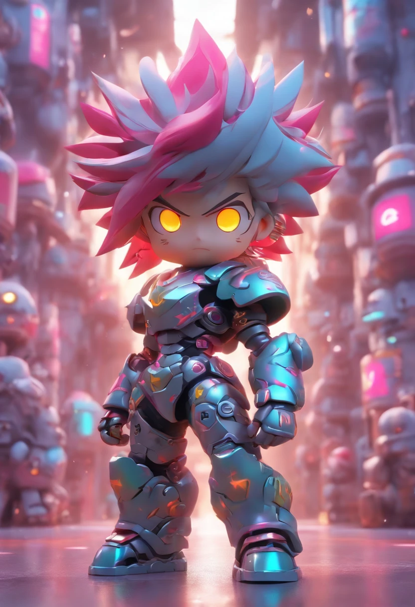 3 d toy, Punk style, A little boy is prepared in mechanical armor, 3 years old, He had two rocket launchers on his hands, The structure of his armor is complex, Armor fat, Bright pink hair, He wears a helmet on his head, There is glass on the helmet, There are armor with electrical conduits and letters, Lovely, The best quality, Model blind box, Pop Mart design, Whole body, A bright color, Street style, A lot of details., Metal texture, Light gray background, 8k HD, OC rederer, 3D, C4D, blender, High detail