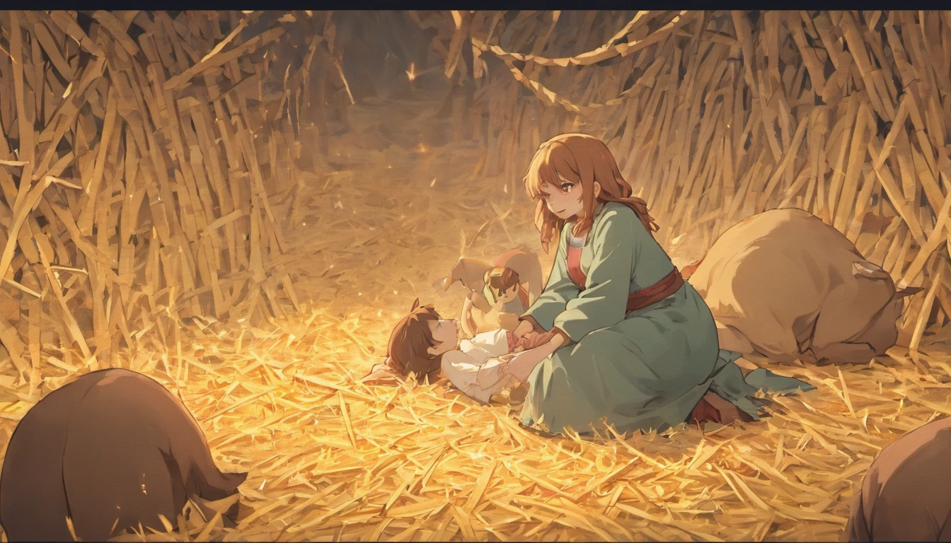 pregnant Mary laying at dried straws, beside her there is Joseph kneeling helping Mary giving birth. Surrounded by cattles