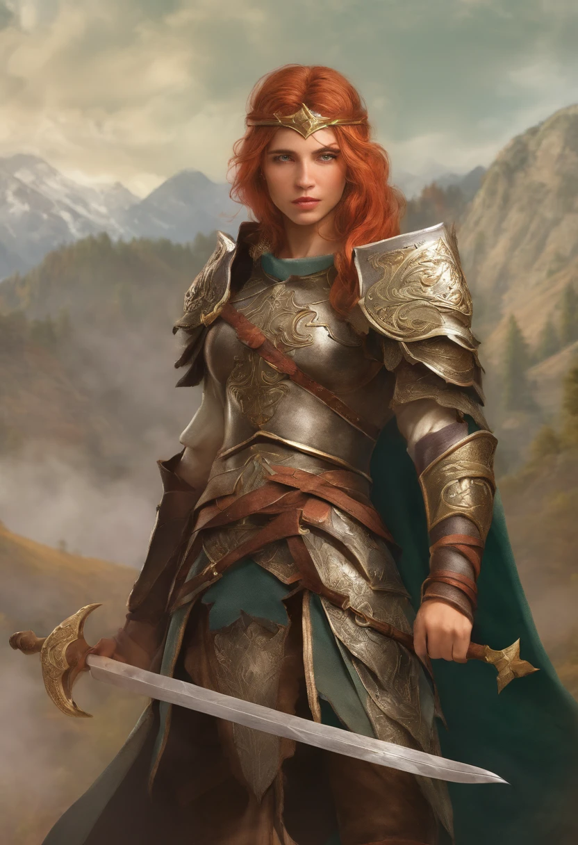 A beautiful young medieval warrior well dressed in an attacking position. She's wearing armor that covers her entire body, wearing a helmet that covers the head, empunhando uma espada, Usando um escudo. On the shield is the design of a lion's face engraved in relief. In the background are blurred green mountains. whole body view.