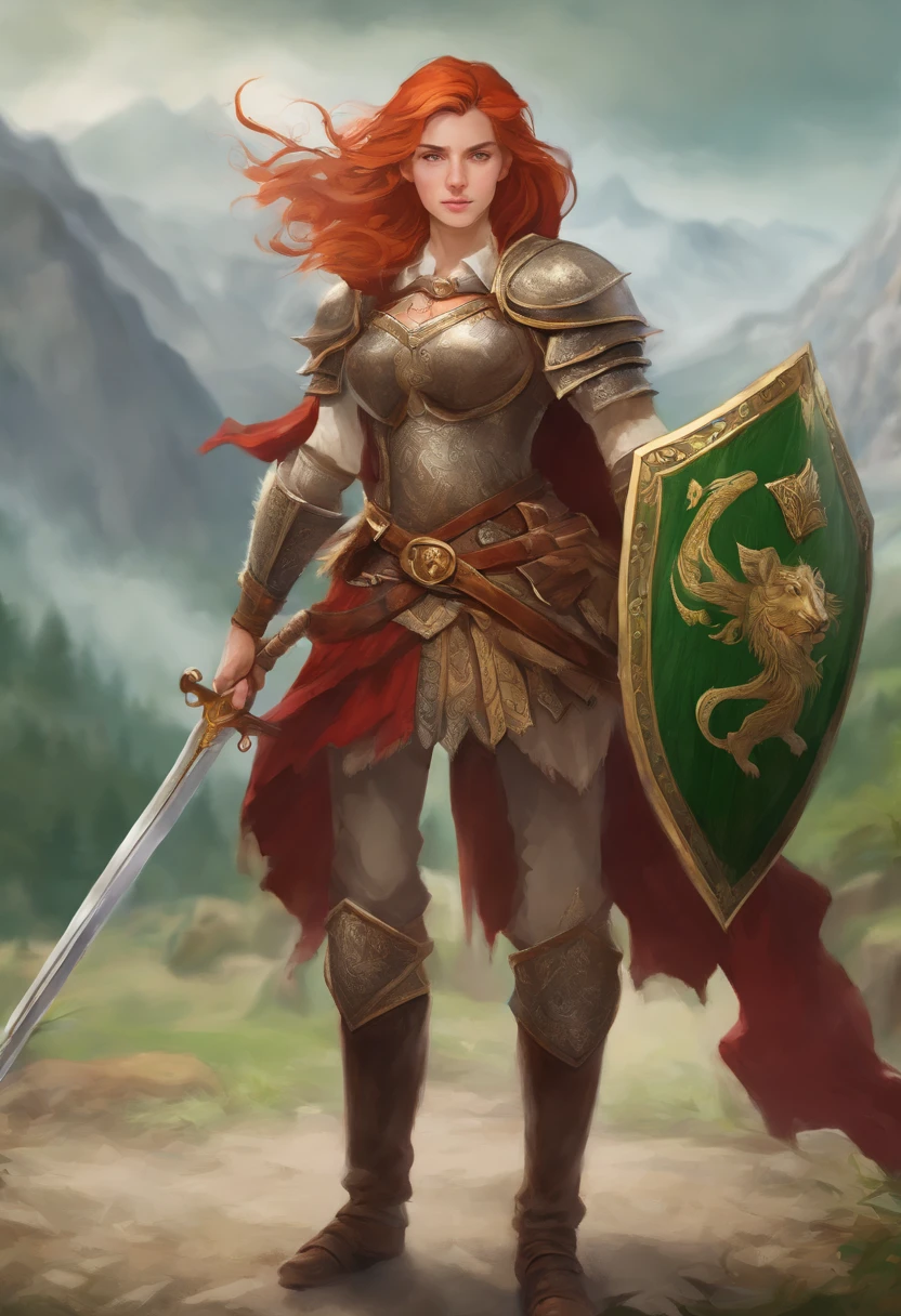 A beautiful young medieval warrior well dressed in an attacking position. She's wearing armor that covers her entire body, wearing a helmet that covers the head, empunhando uma espada, Usando um escudo. On the shield is the design of a lion's face engraved in relief. In the background are blurred green mountains. whole body view.