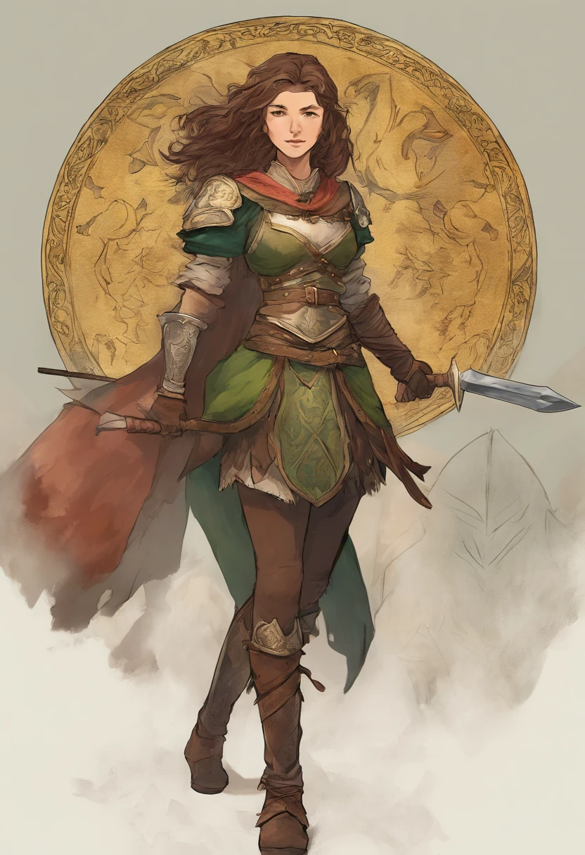 A beautiful young medieval warrior well dressed in an attacking position. She's wearing armor that covers her entire body, wearing a helmet that covers the head, empunhando uma espada, Usando um escudo. On the shield is the design of a lion's face engraved in relief. In the background are blurred green mountains. whole body view.