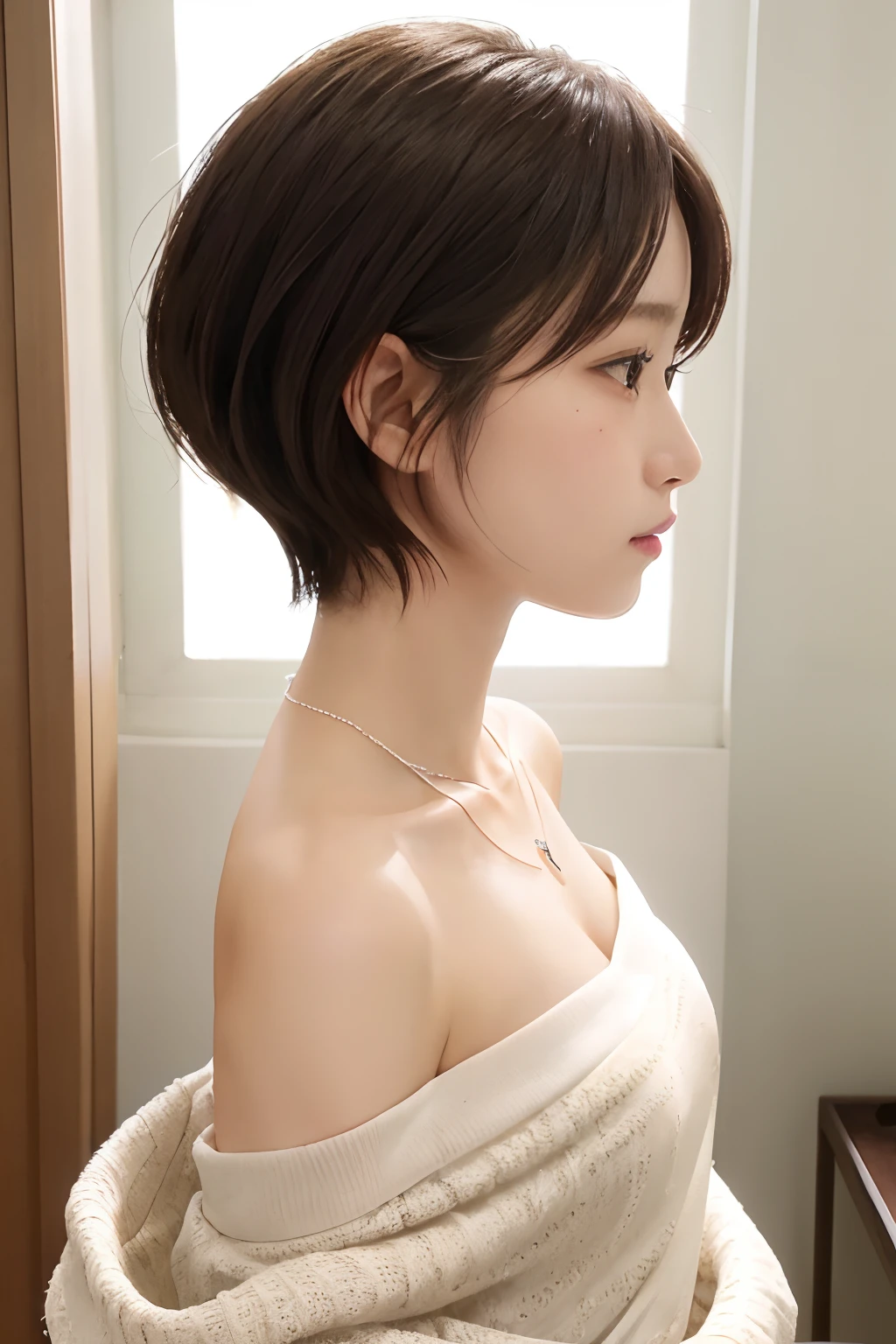 Woman standing upright facing the camera、Light clothing、Expose、Light white shirt、(highest quality, masterpiece:1.3, 超A high resolution, ), (Very detailed, Caustics), (Photorealistic:1.4, RAW shooting, )Ultra-Realistic Capture, Very detailed, High resolution 16K for human skin、 Natural skin texture、、Skin tone is even and healthy looking、 Use natural light and color, One Woman, Japanese, cute, brown Hair, Mid-length hair, (Written boundary depth、chromatic aberration、、Wide range of lighting、Natural Shading、)、(Daytime lighting:1.4),short hair