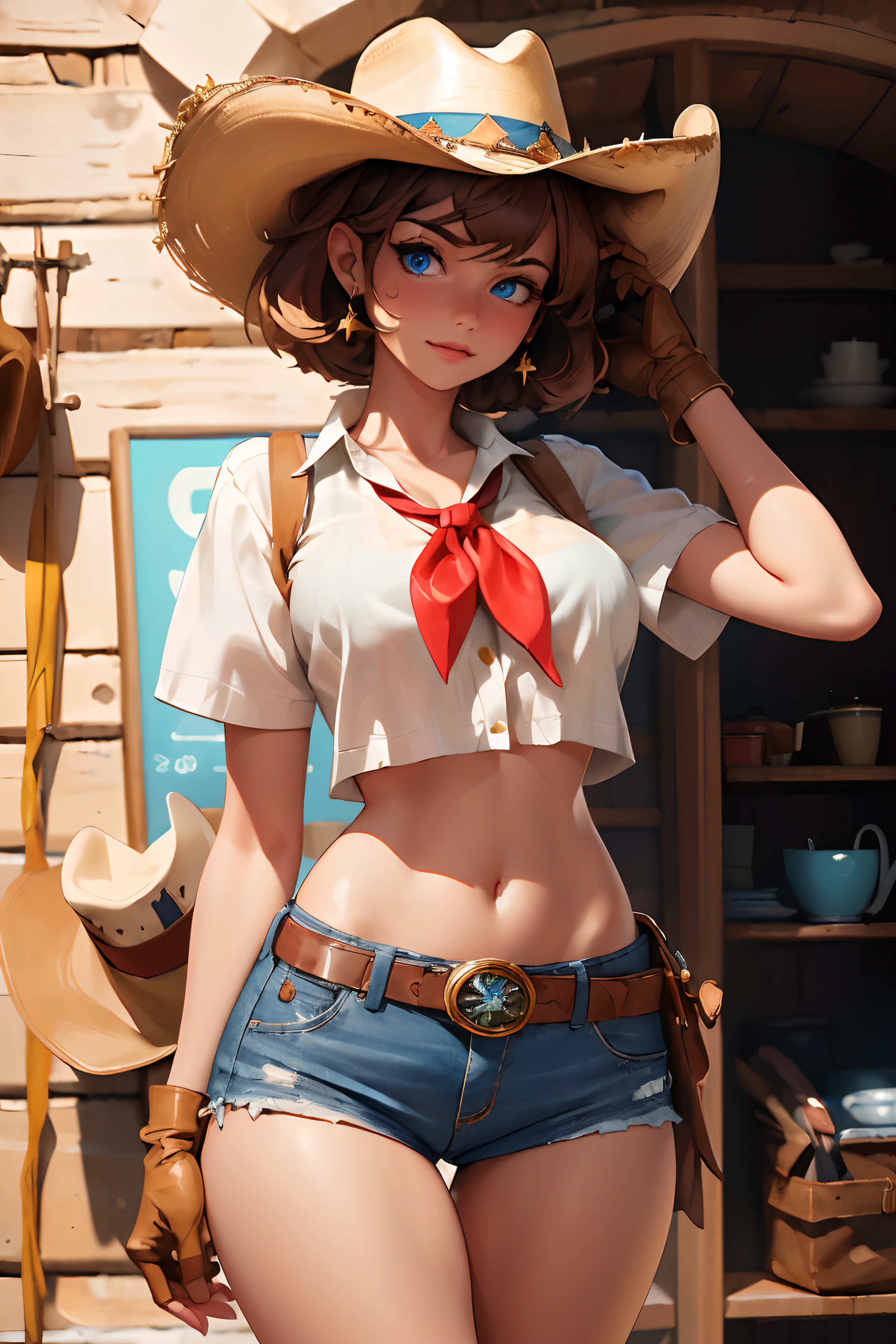 (((((solo))))),(((((masterpiece))))), (((((best quality))))),(((((highly detailed))))), finely detailed, Depth of field,detailed clothes, highres,
1girl, bangs, (beautiful detailed face:1.3), collarbone, collared shirt, ((white shirt)), button open to show cleavage, show belly, blue eyes, golden hair, cleavage, ((cowboy)), (cowboy hat:1.3), short gloves. fingerless gloves, hat, medium breasts, navel, neckerchief, red neckerchief, short hair, short shorts, shorts, healthy thighs, gun belt ,cowboy western, sunny desert background, thigh gap