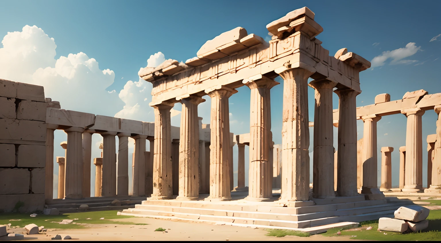 Greek temple landscape in ruins, no meio do deserto arenoso, master part, stoic