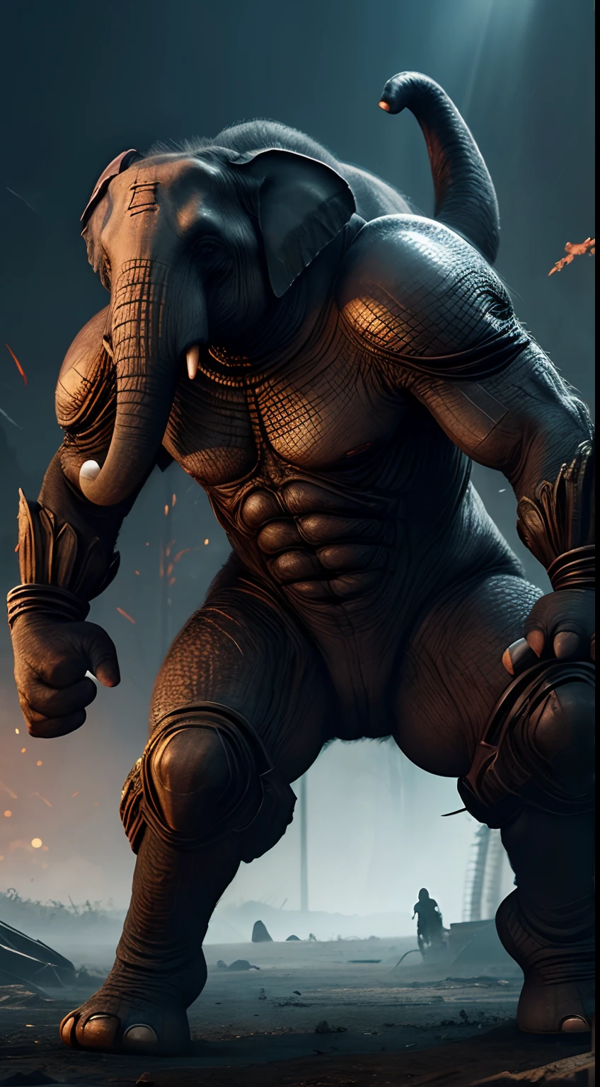 Earth creatures pounce, Elephant Woman, Full body,Animal anthropomorphism, red eyes、cruel、Realistic Digital, Humanoid、Convoluted, epicd, Dramatic, masutepiece, high detailing, Best Quality, 超A high resolution、Horror movie lighting