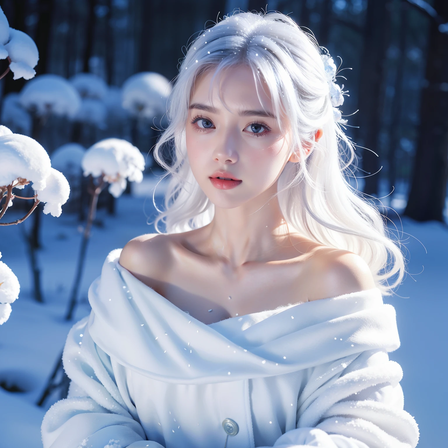 1girll,(Snow,Ice), snowflower, In winter, White hair, Shiny hair, Wavy hair, Transparent clothes, frilld, Lace, Wet clothes, Off_Shoulder, hair scrunchie,Masterpiece, Telephoto lens, absurderes, Exquisite facial features