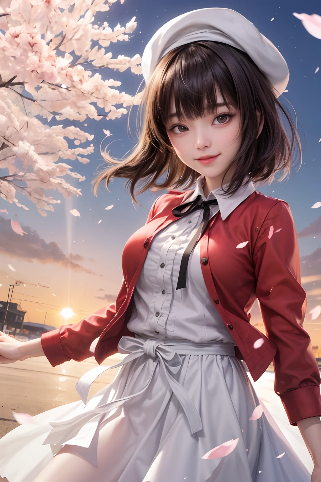 (masutepiece, top-quality),1girl in, 独奏, Black lustrous hair, scarf, Hats, realisitic, looking at the viewers, black eyes of light color, shorth hair, coat, Winter clothes, White headscarf, s lips, lipgloss,bangss,, a closed mouth, The upper part of the body、big eye、Lashes、((Street))、((Shorthair with bangs、big eye、Put very strong highlights in your students、very Bigger breasts、gazing at viewer、Very beautiful beauty、Put all your ears out、long neck、little smiling、Close your mouth and smile、Look firmly at the camera)))、