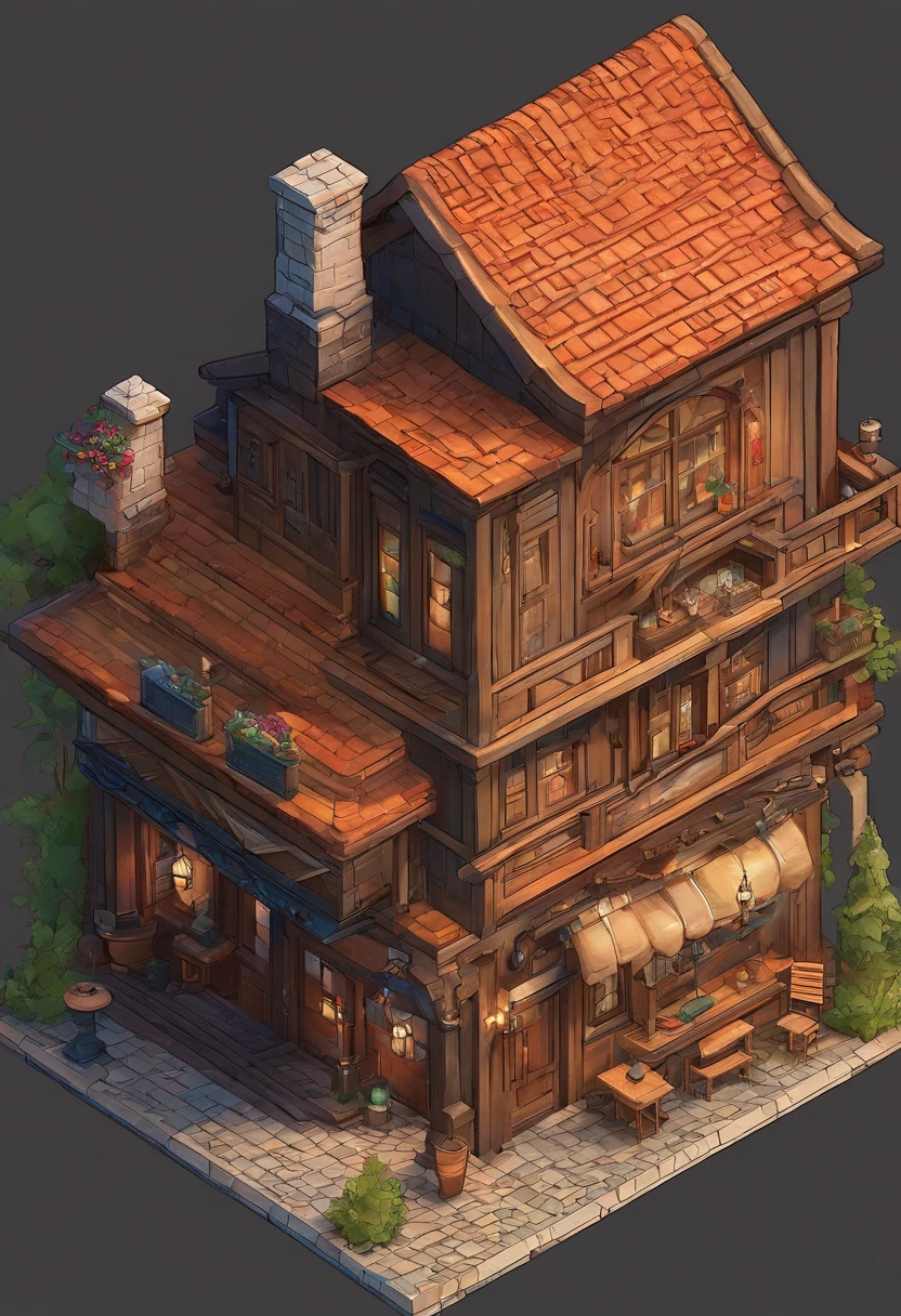 Small building close-up， Multi-dimensional comfortable building, Stylized game art, 3 d render stylized, Medieval Tavern, Stylized concept art, polycount contest winner, stylized 3d render, dimly-lit cozy tavern, isometric 2 d game art, isometric game art, Detailed game art