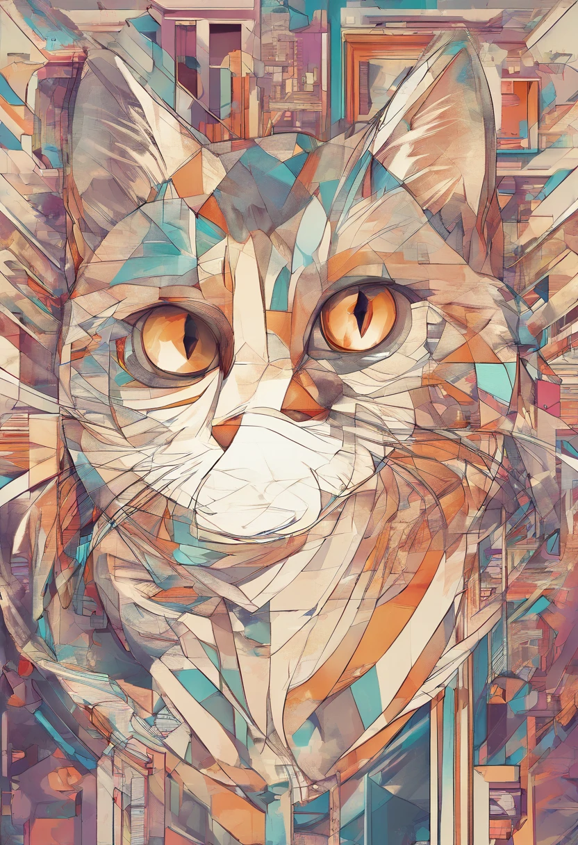 (catss ),(Best Pose),(best angle), (Better representation), American Shorthair、Eduardo Cobra Acor Cholchoamento ,Multidimensional geometric wall portrait, Artistically, Chibi,yang08k, Beautiful fece, colouring,