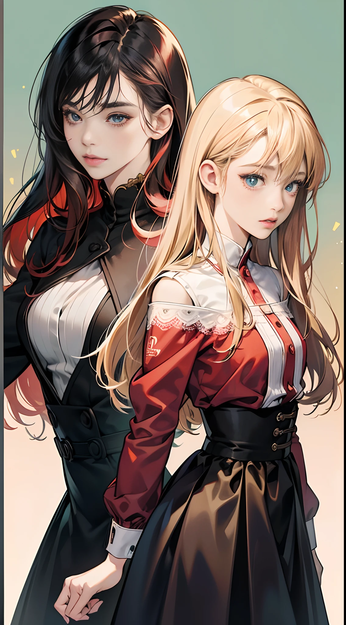 (Best Quality,4K,High resolution),2 girls in(18yo woman, Long hair, Straight hair，Sharp-eyed woman with red highlight hair on black hair，）、（Woman with blonde hair and petite body，),，Details of delicate illustrations，Realistic portrayal，Vibrant colors，expresive，Classic background(Best Quality,4K,High resolution)，Line up back to back，comic strip，animesque，Comical illustration，busy，Deformed cute illustration