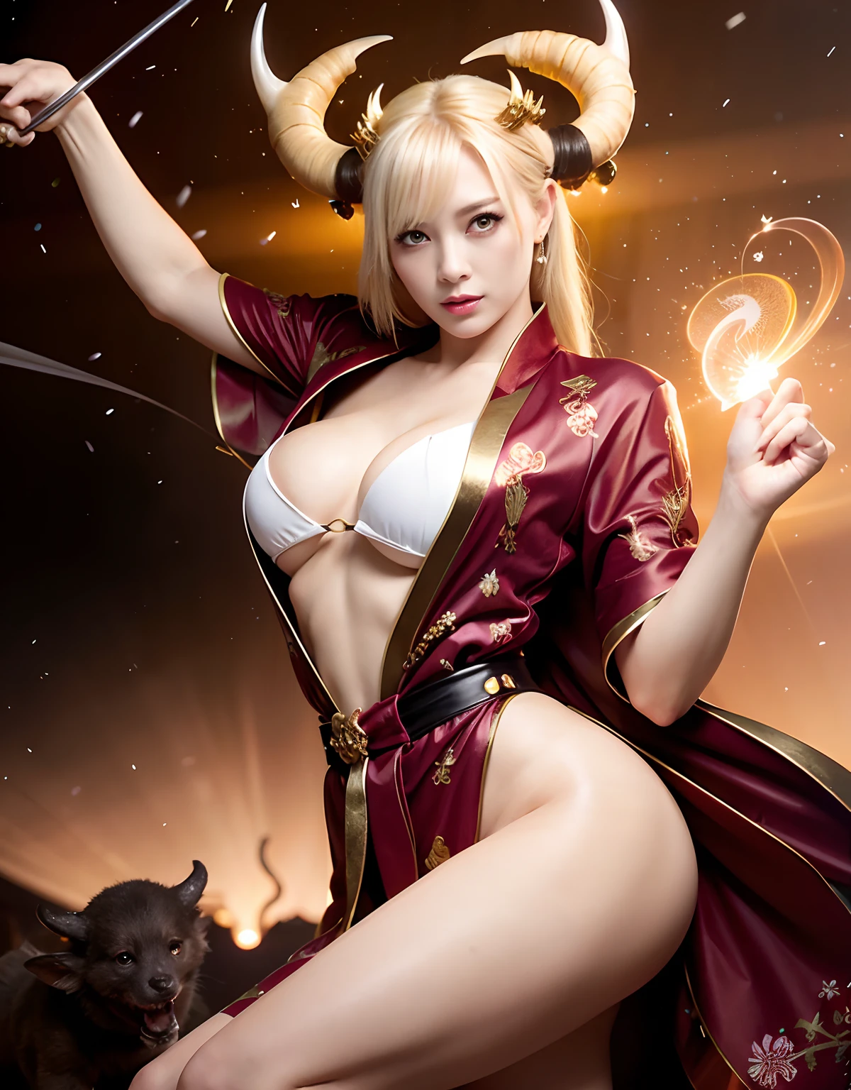 ((White ghost flies)),Professional , masterpiece、top-quality、photos realistic , depth of fields 、(Various poses)、(Background of cherry blossoms in full bloom),(Ultimate Beauty)、(A dark-haired)、(Fight ninjas)、Mystical expression、(Kimono with scary pattern)、(ht background)、Precipitous cliffs、((Devil's Wings Grow)),(Wear a kimono with a horror pattern),Armpit、(Wearing a beautiful kimono with colorful scary patterns)、Jewel Gold Weapon、Particles of light),(Has a devil's mask)、Gorgeous gold weapons ,Skeleton population、(( Gorgeous Dragon Sword)) , (a dark nig,,(White ghost flies) 、((Black Haired Beautiful Girl))、(Castle background)、(demonic wings)、((Gangle's forest background))、Beautiful Caucasian beauty、1a person、dynamic ungle,(((Two devil's horns on the head)))、Smaller head、Idle Smile、Thin and beautiful female hands、Mystical expression、Light Effects、intense fighting、Wind-effect、magic circles、With the legendary magic wand、Dragon's tail、