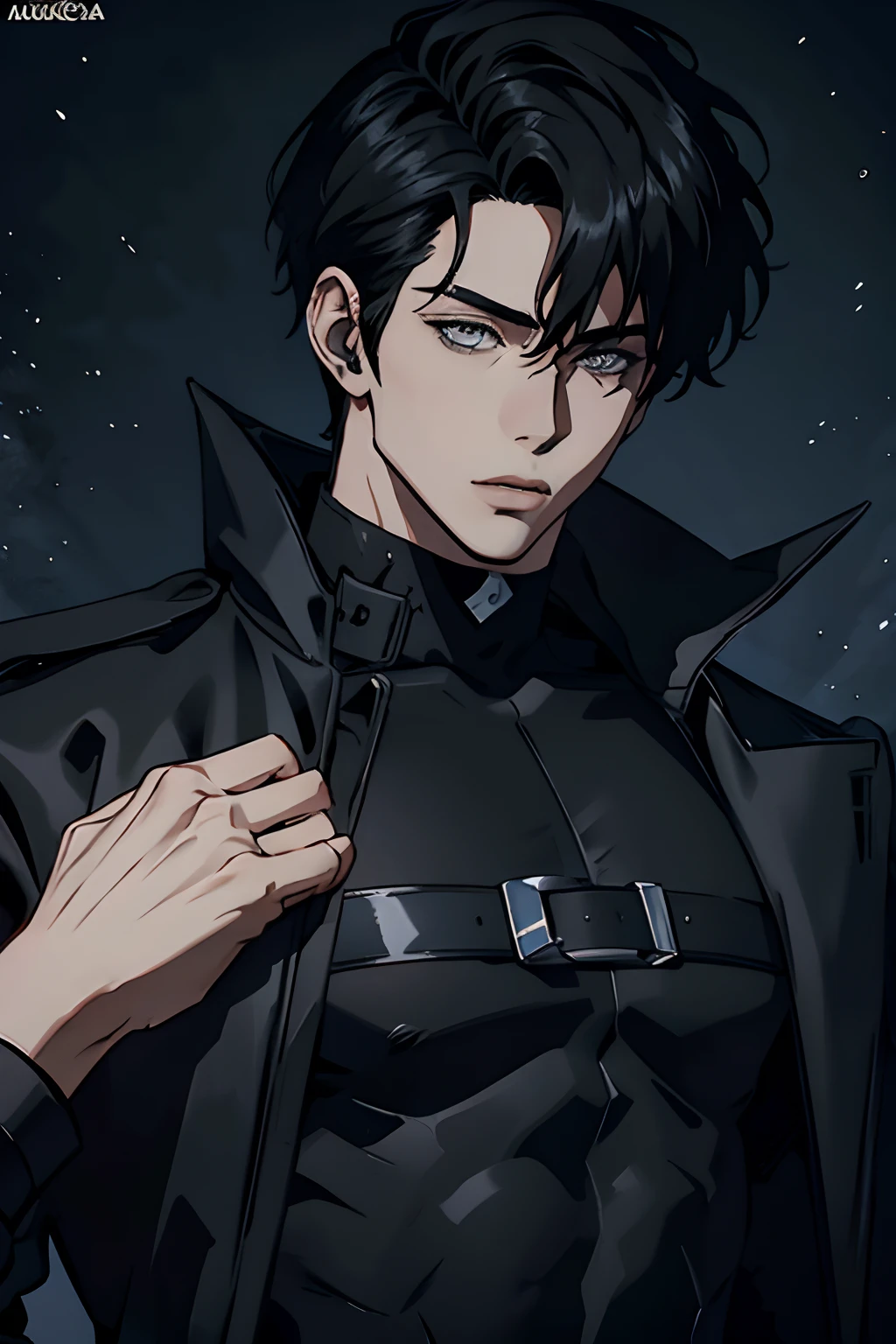 Manhwa Arte Europeo, 25 years old man, Pelo desordenado de la cabecera, Cabello ????? azabache, ojos penetrantes, Iris gris, cejas gruesas, Llevar abrigo ????? con el logotipo de calavera demoniaca, razor-sharp jawline, mirada penetrante, Cold and mysterious character, 8k, Detailed features, muy guapo